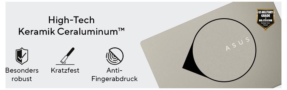 'High-Tech Keramik Ceralumin™' Materialmerkmale: besonders robust, kratzfest, anti-fingerprint. Qualitätssiegel oben rechts.