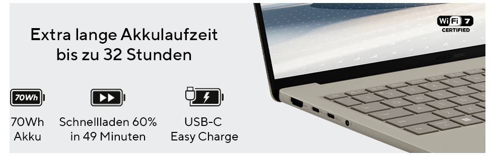 Laptop mit geöffneter Anzeige. Text: 'Extra lange Akkulaufzeit bis zu 32 Stunden'. Symbole: 70Wh Akku, Schnellladen 60% in 49 Minuten, USB-C Easy Charge.