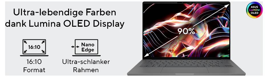 'Ultra-lebendige Farben dank Lumina OLED Display' mit einem Laptop, der farbiges Muster auf dem Bildschirm zeigt, 90% Display/Body-Verhältnis. Links Symbole für 16:10 Format und Nano Edge Rahmen.