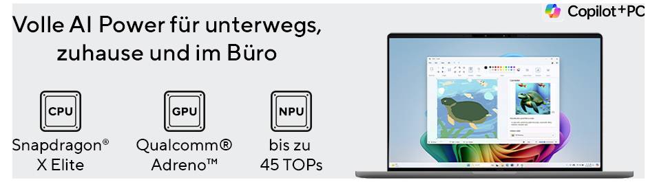 Ein Laptop mit einem bunten Bildschirm. Text: 'Volle AI Power für unterwegs, zuhause und im Büro'. Symbole für CPU, GPU und NPU.