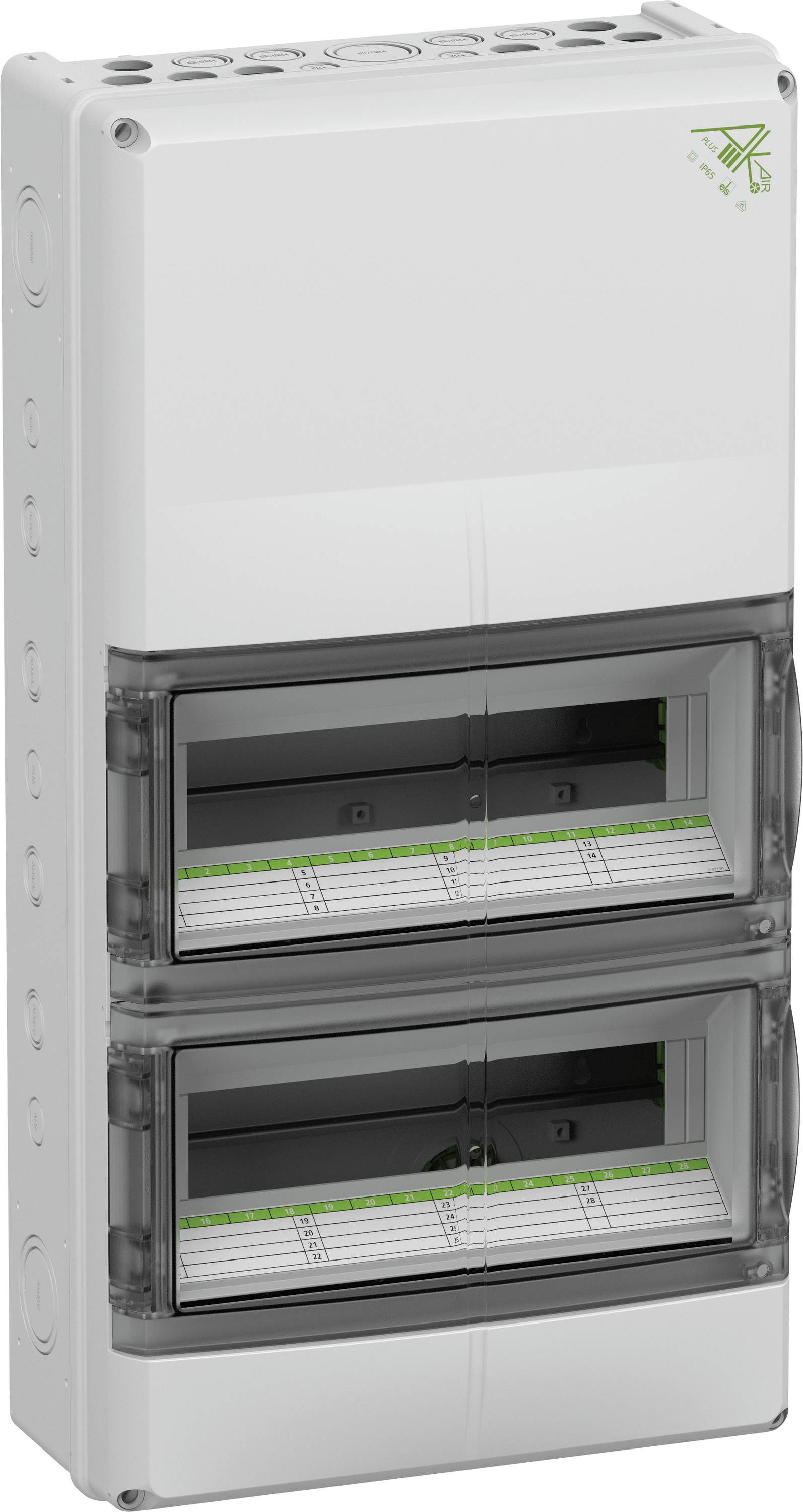 Elektrischer Verteilerkasten mit zwei transparenten Abdeckungen, grün-weiße Markierungen sichtbar, für Sicherungen und Schaltkreise.