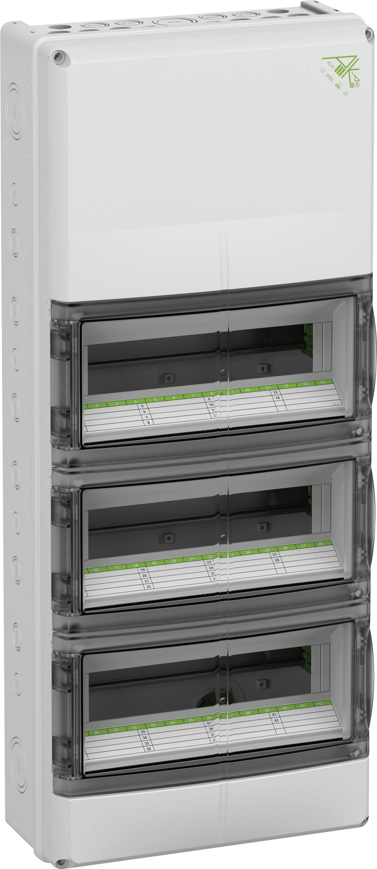 Ein dreireihiger, weißer Verteilerkasten mit transparenten Abdeckungen, geeignet zur Montage von Sicherungen und elektrischen Bauteilen.