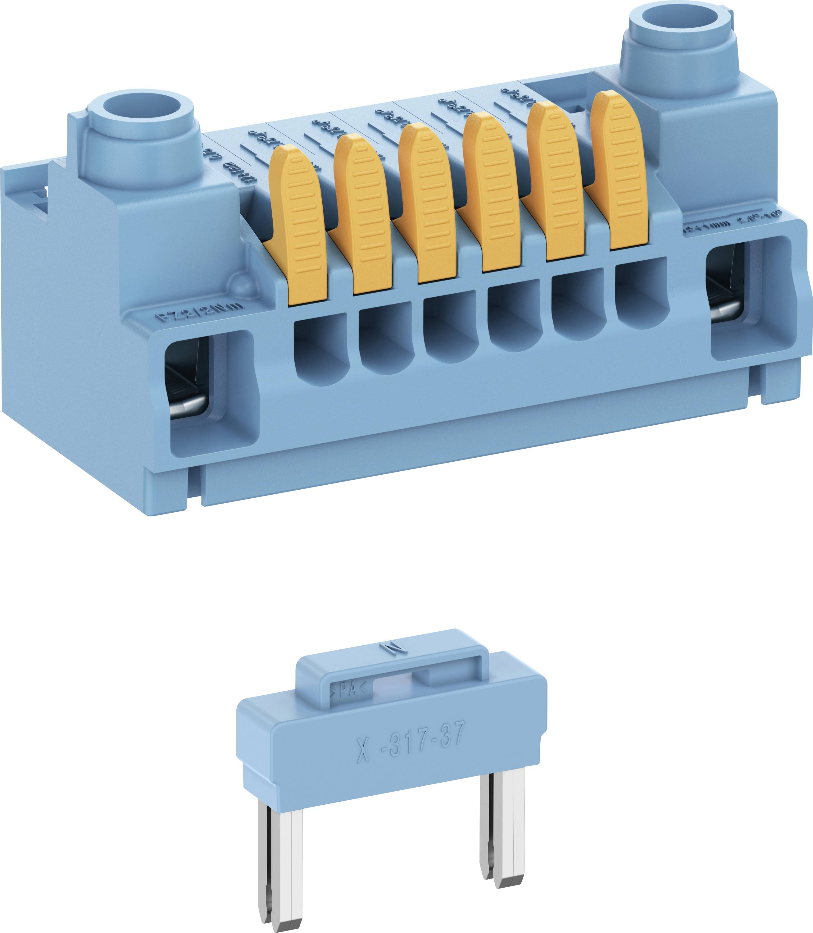 Installationstechnik-Steckklemme mit fünf gelben Hebeln und Stecker in Blau und Orange, für elektrische Verbindungen geeignet.