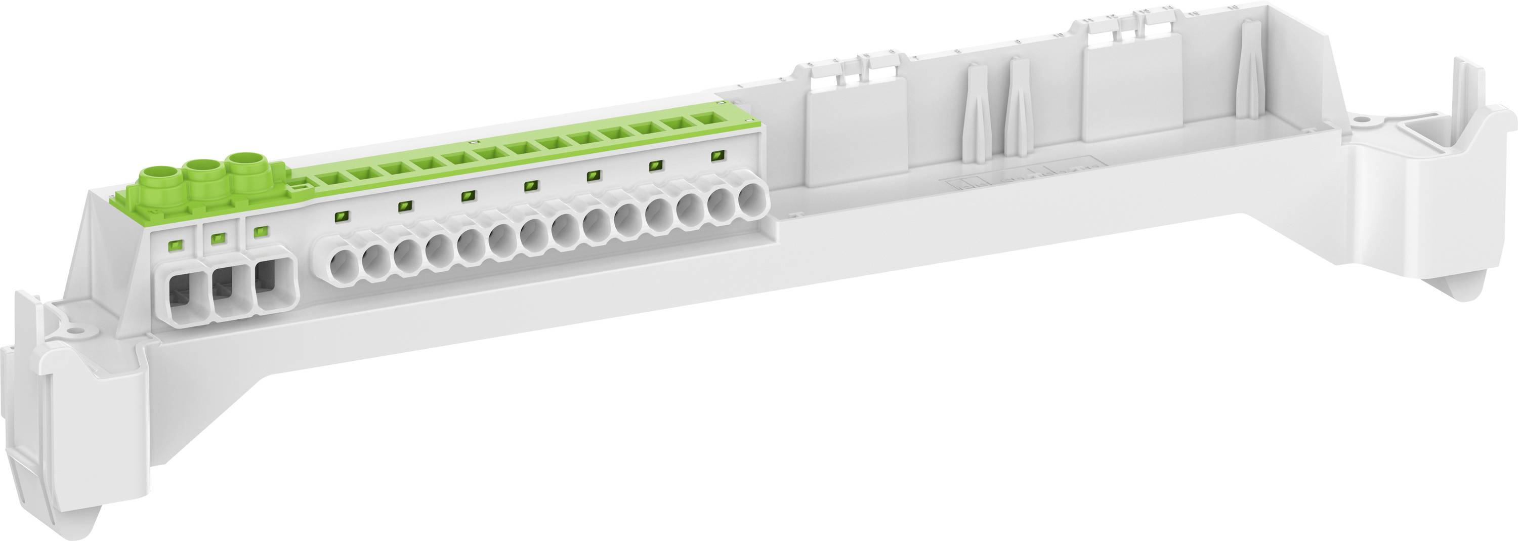 Verdrahtungsbrücke mit grünen und grauen Anschlussblöcken, geeignet für industrielle oder elektrische Anwendungen.