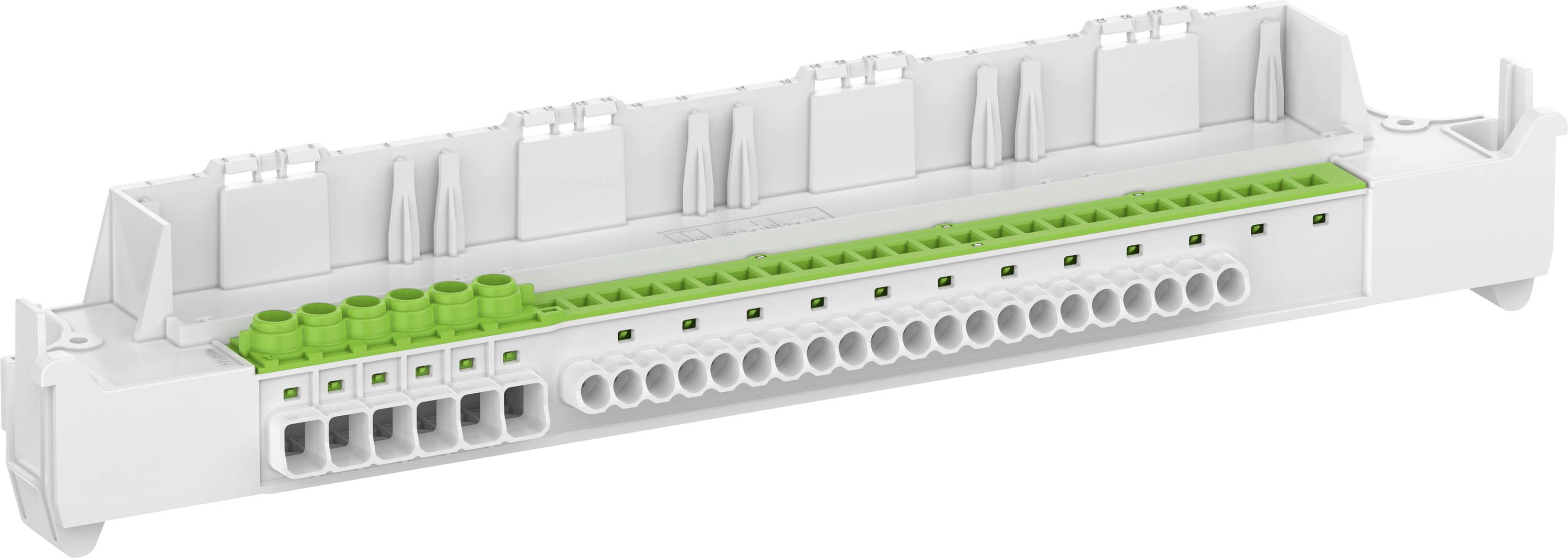 Eine weiße und grüne elektrische Anschlussklemme mit mehreren Anschlusspunkten, zylindrischen Öffnungen und rechteckigem Design.