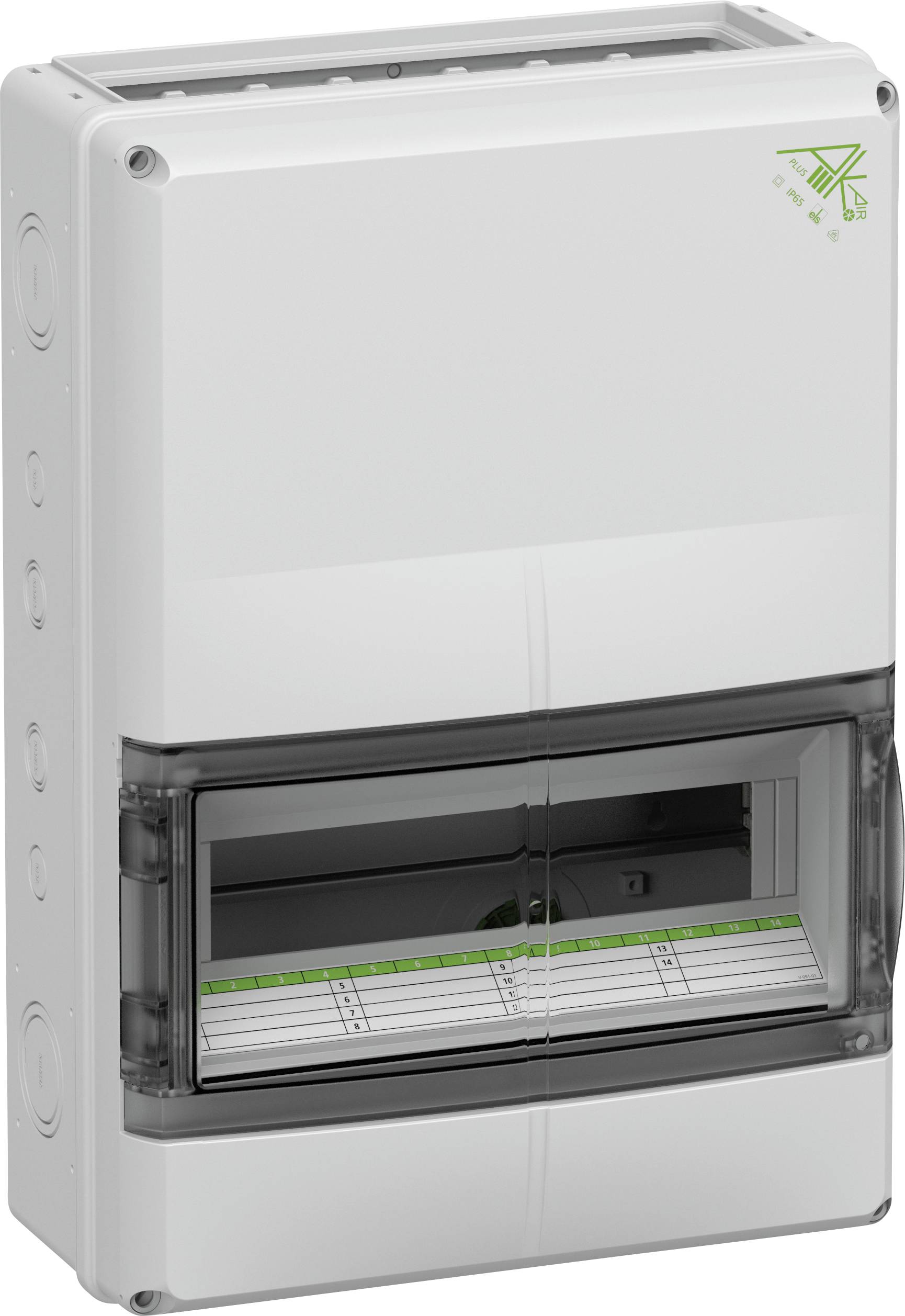 Weißes Elektroverteilungsgehäuse für Innenräume, mit durchsichtigem Deckel und Beschriftungsbereich, geeignet für Wandmontage.