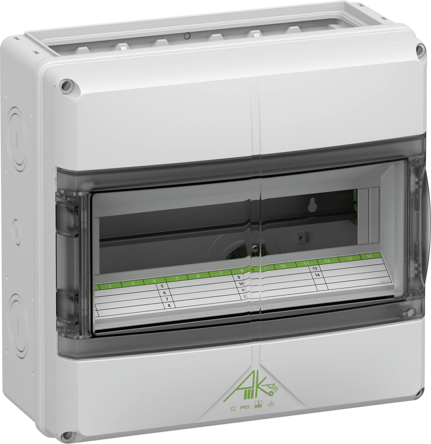 Ein graues Kunststoffgehäuse mit durchsichtigem Deckel, innenliegende Beschriftungstafel, sieht aus wie ein Verteilerkasten für elektrische Anlagen.