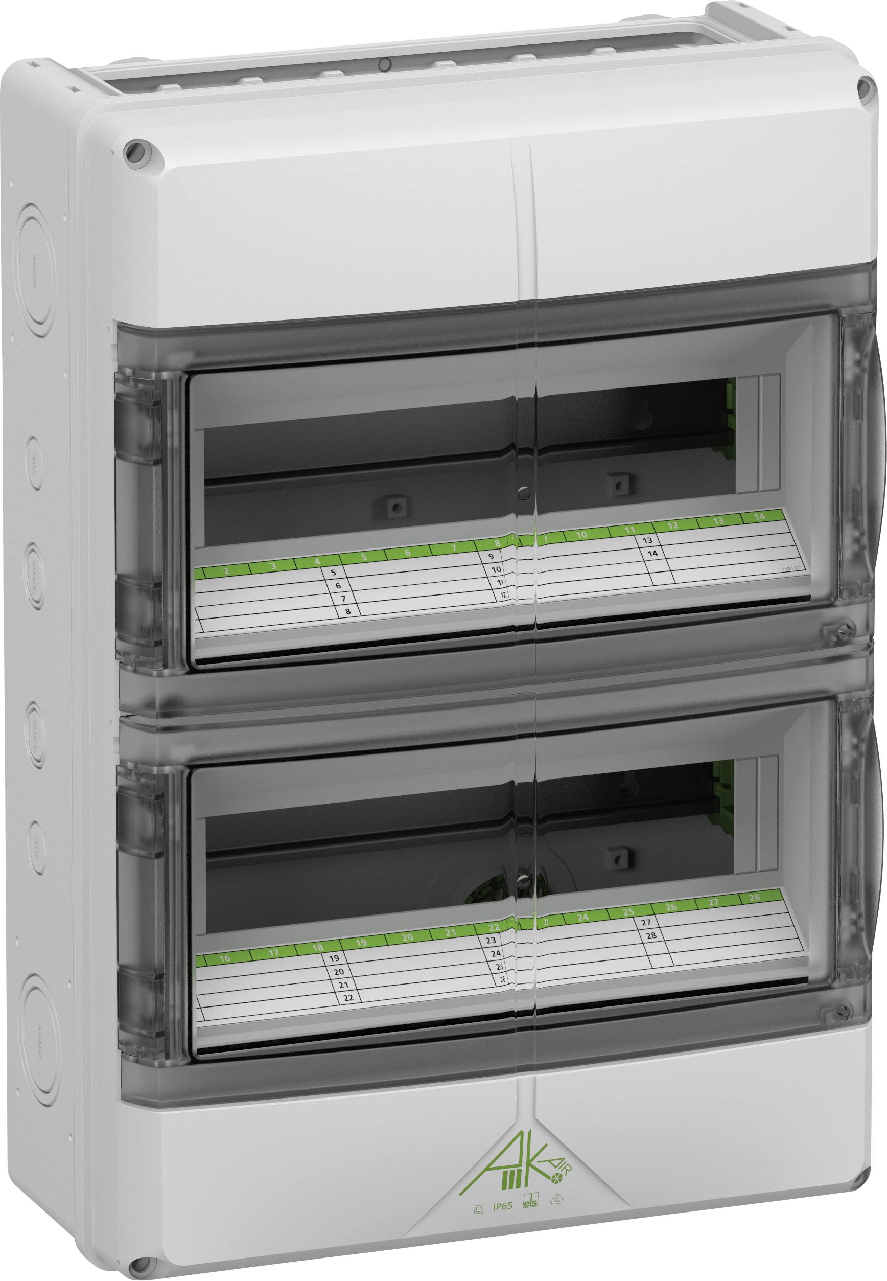 Ein zweireihiger Verteilerkasten mit transparenten Türen und grüner Beschriftung für die elektrische Verkabelung in Gebäuden.