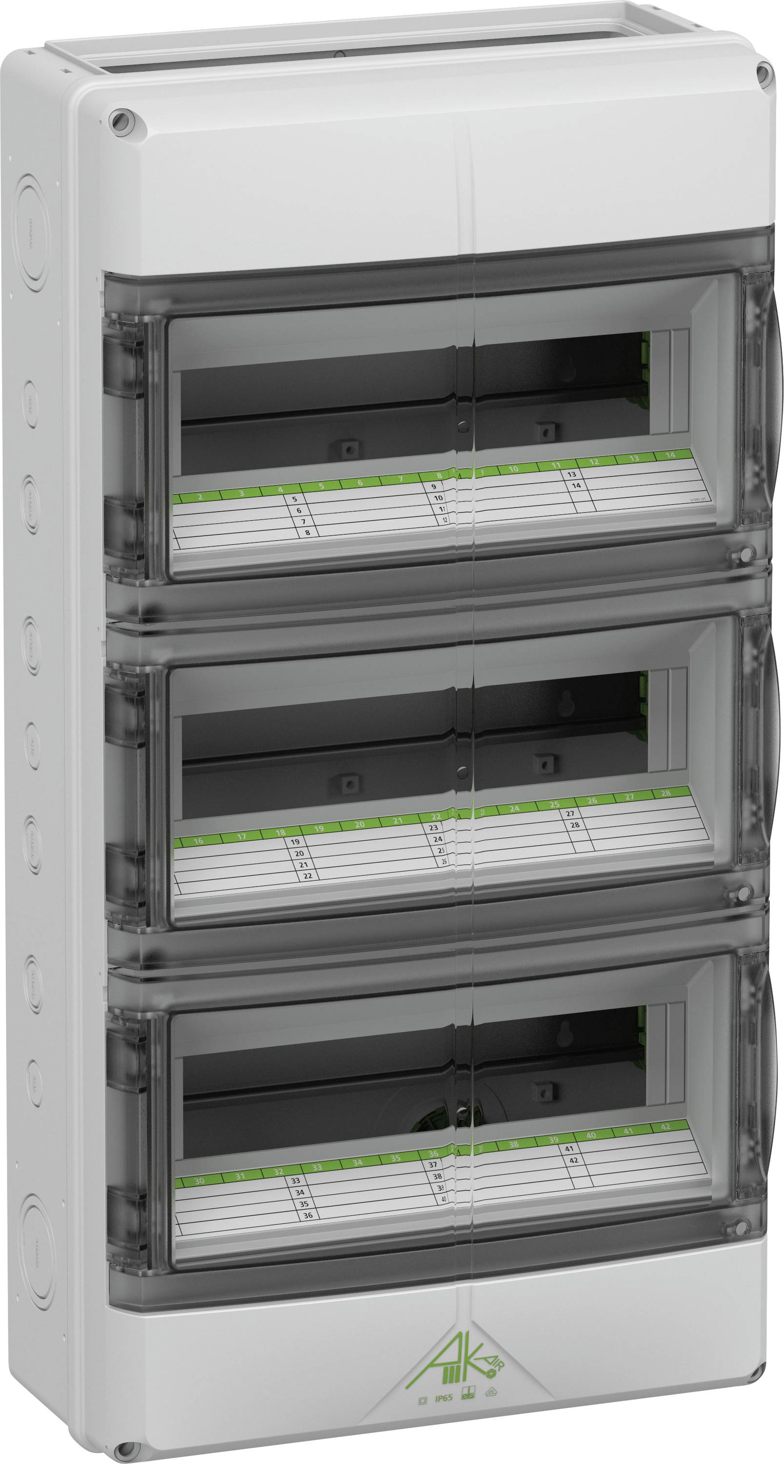 Ein dreireihiger Sicherungskasten mit transparenten Abdeckungen und Beschriftungsfeldern für die Belegung der Sicherungen.