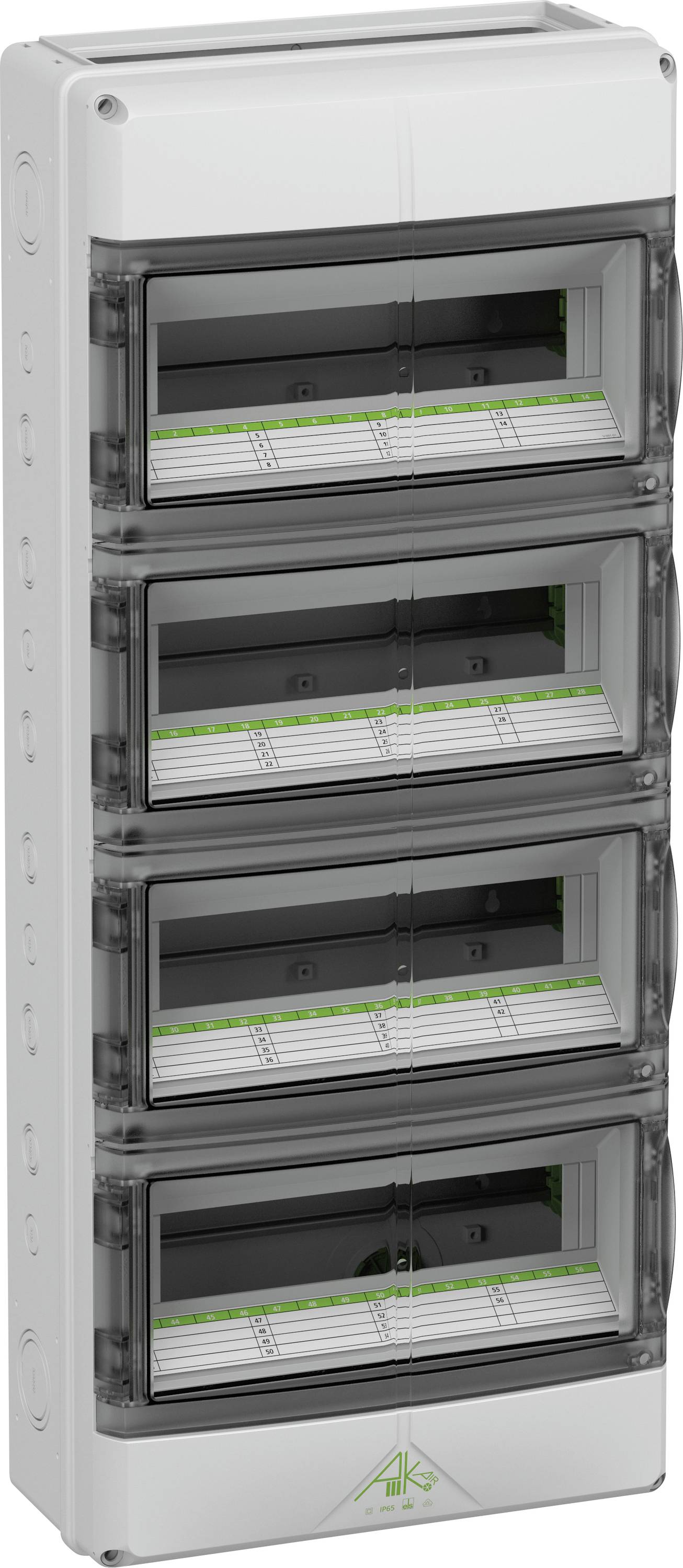 Elektrischer Schaltschrank mit vier transparenten Klapptüren und Montagebereichen für Schutzschalter oder Sicherungen.