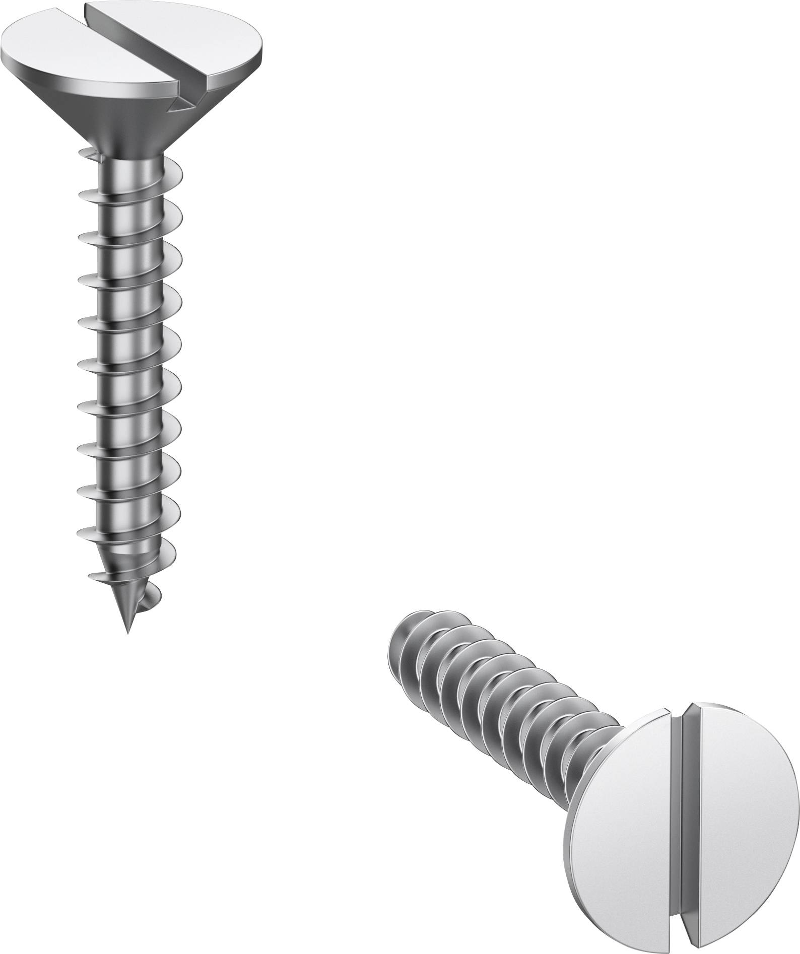 Zwei silberne Schrauben mit Schlitzkopf; eine steht aufrecht, die andere liegt horizontal. Ideal für Befestigungen in Holz.
