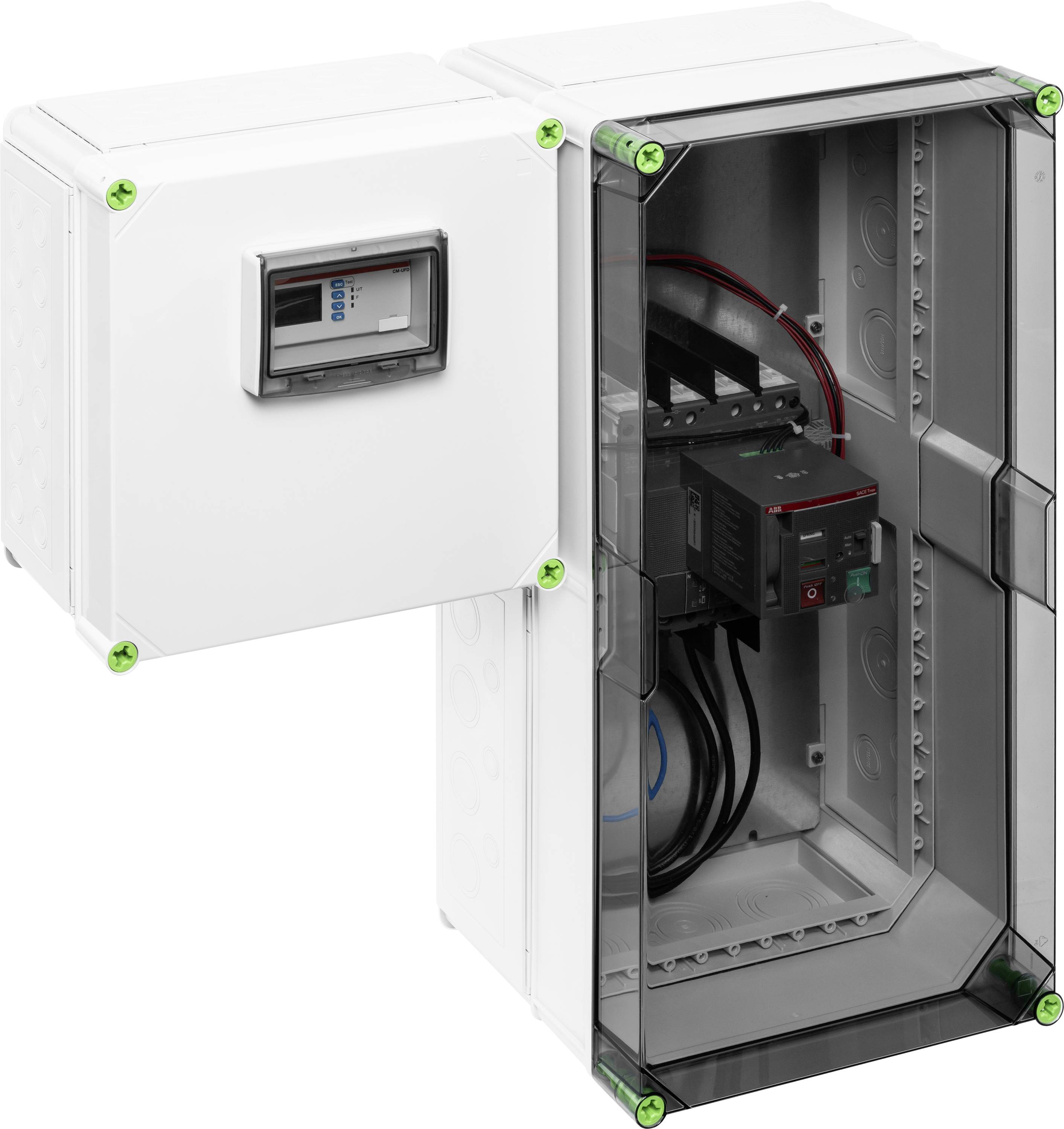 Elektrischer Verteilerkasten mit durchsichtigem Cover. Zeigt innenliegende Kabel und Schalter. Geeignet für industrielle Anwendungen.