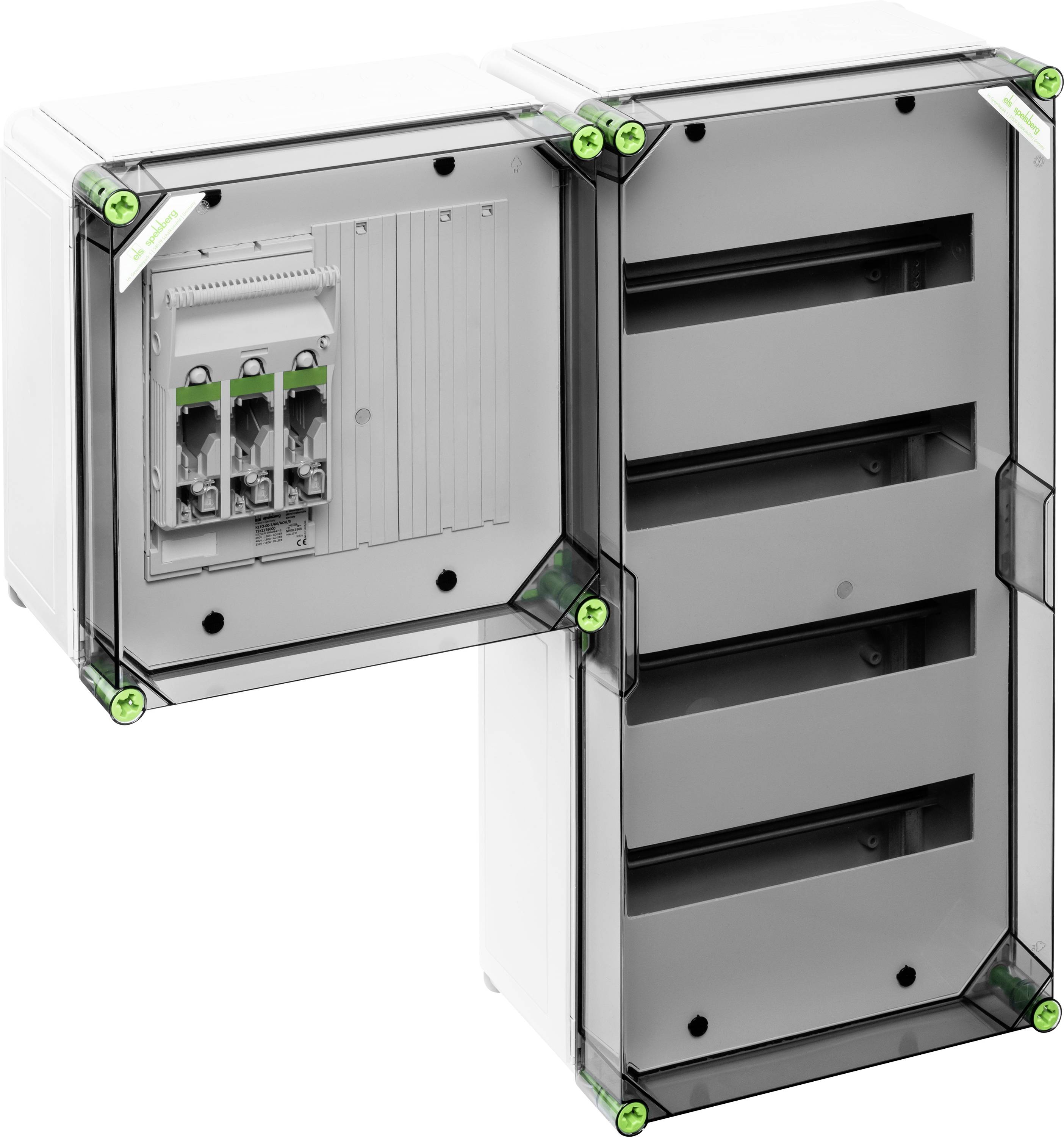 Ein graues, modulares Gehäusesystem aus Kunststoff mit transparenten Abdeckungen. Links ein offenes Fach mit Schaltgeräten.