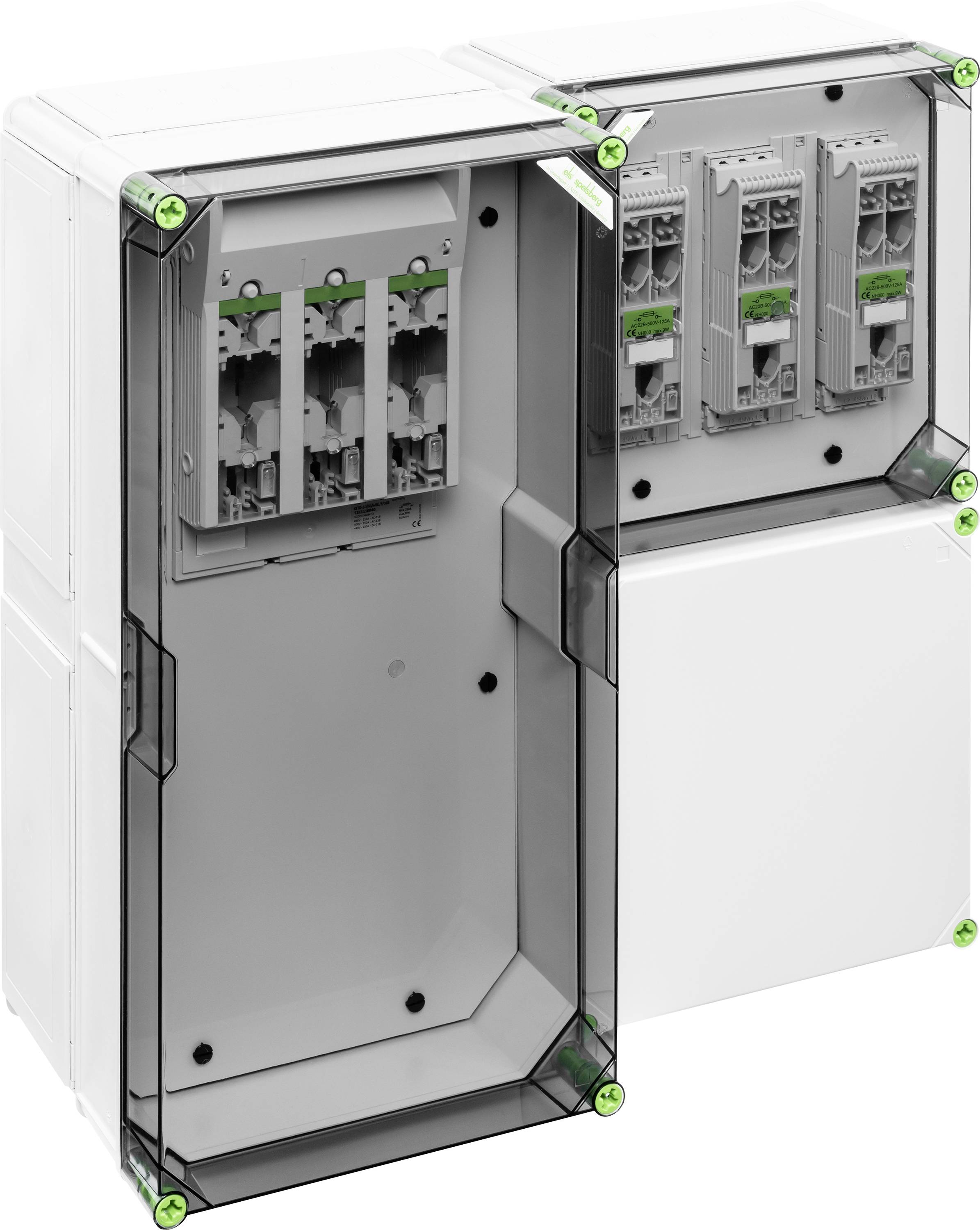 Geöffnetes Verteilergehäuse mit mehreren Schaltern und sichtbaren Montagepunkten zur einfachen Installation.