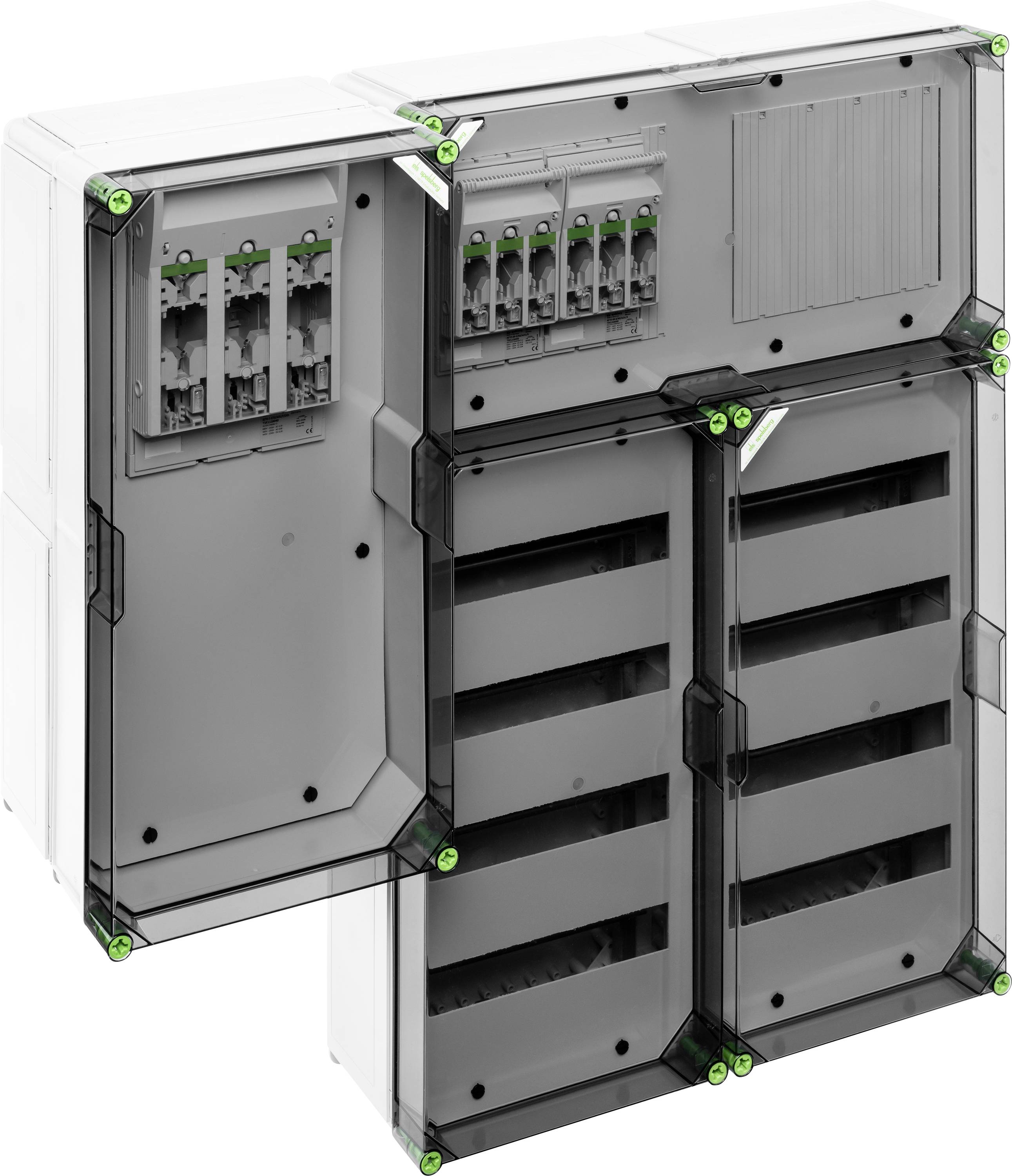 Elektrischer Verteilerkasten mit offenen Türen zeigt mehrere Sicherungsschalter und Verdrahtungskomponenten, bereit für Installation.