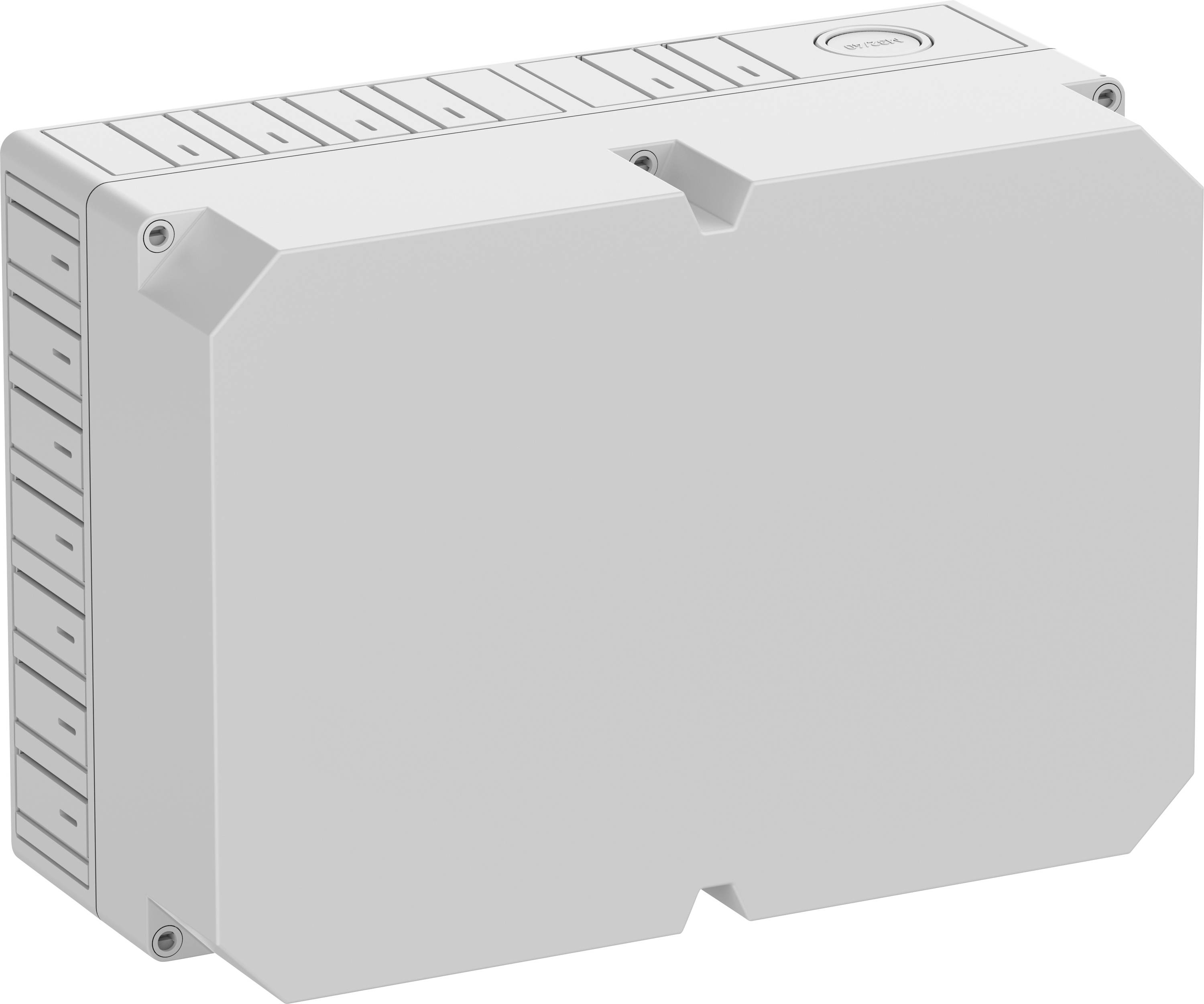 Weiße elektrische Anschlussdose mit mehreren Kabelzuführungen, geeignet für den Außenbereich, zeigt kompakte und robuste Bauweise.