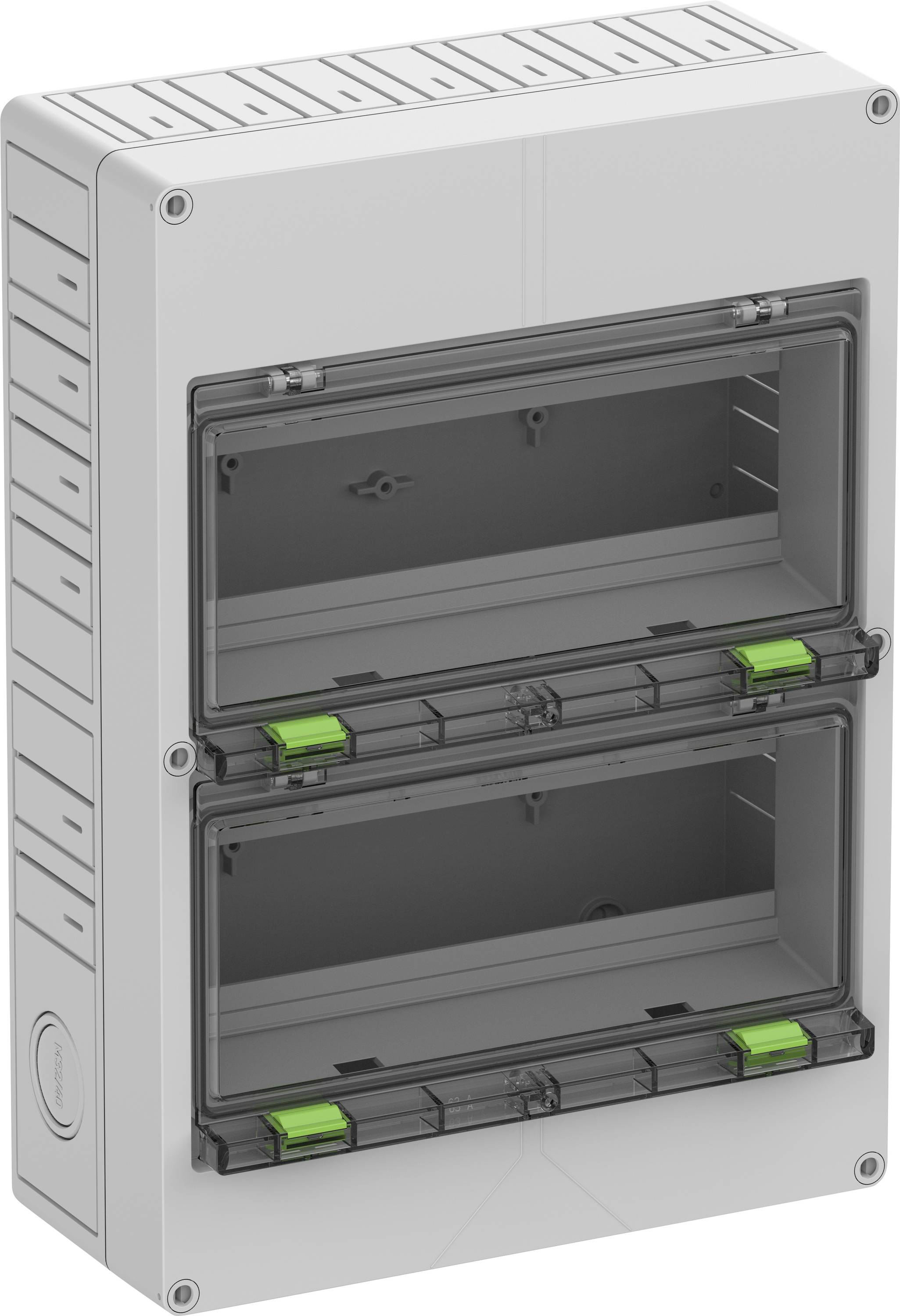 Ein grauer, rechteckiger Elektroverteilerkasten mit zwei transparenten Klappen. Beide Klappen haben grüne Verschlüsse.