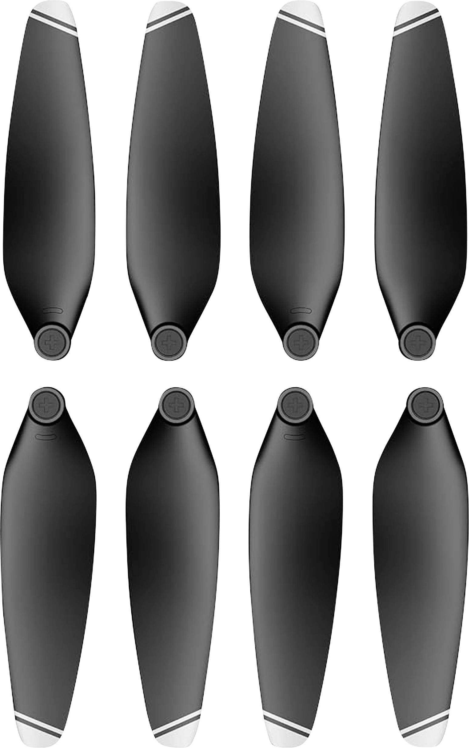 Acht schwarze Propellerblätter für Drohnen, symmetrisch in zwei Reihen angeordnet, mit weißen Streifen an den Spitzen.
