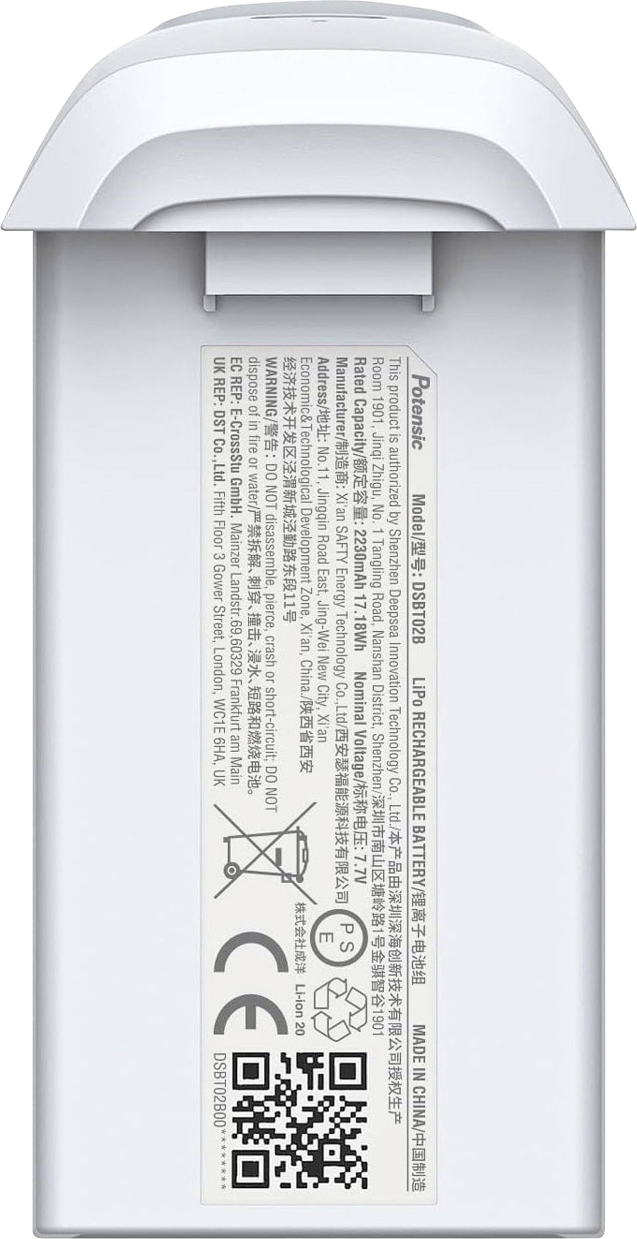 Weiße wiederaufladbare Lithium-Polymer-Batterie von DJI mit technischen Spezifikationen und Sicherheitshinweisen auf der Vorderseite.