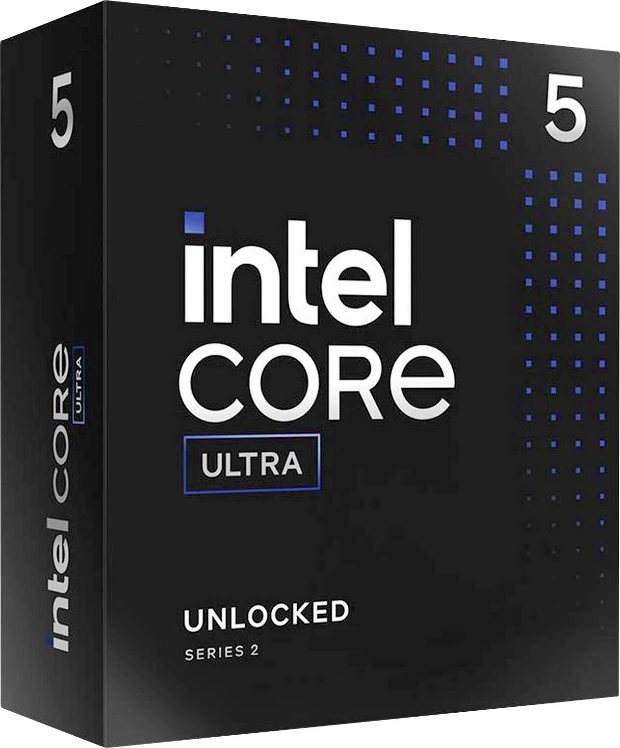 Schwarze Verpackung eines Intel Core Ultra, Serie 2, mit der Aufschrift 'UNLOCKED', Zahl 5 oben links.