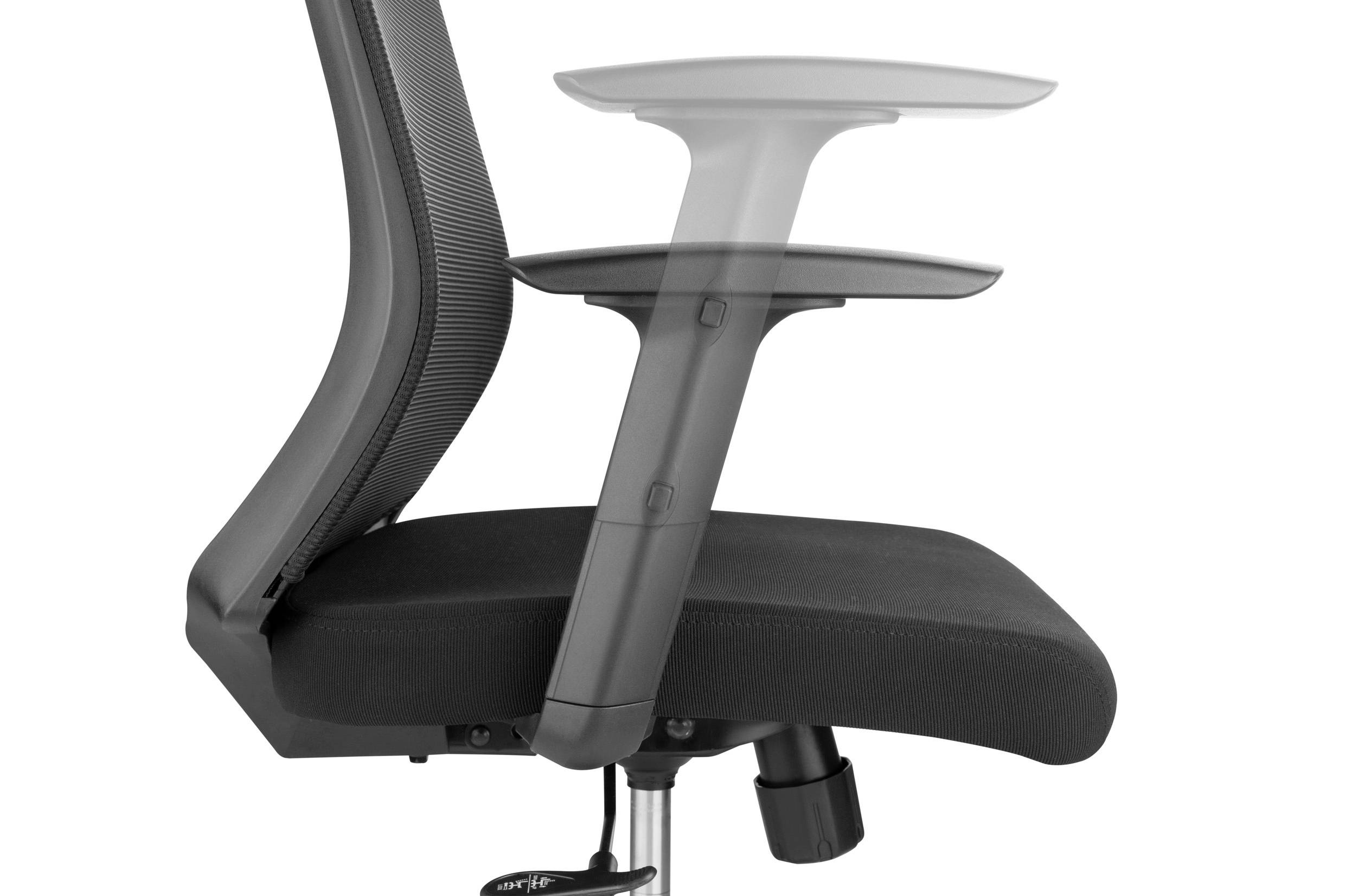 Bürostuhl mit verstellbaren Armlehnen und ergonomischem Design, zeigt eine Seitenansicht mit Fokus auf die Mechanik zur Höhenverstellung.