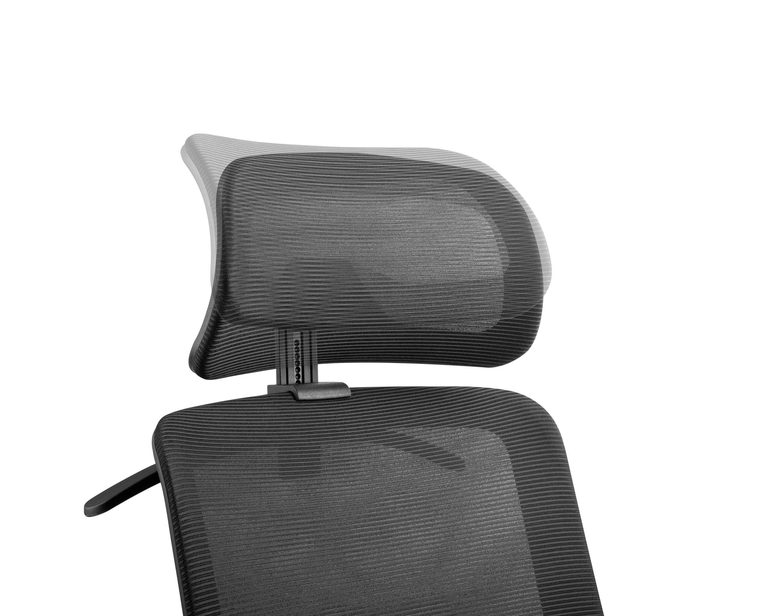 Ergonomischer Bürostuhl aus schwarzem Netz mit Kopfstütze, verstellbar für Komfort und Unterstützung beim Sitzen.