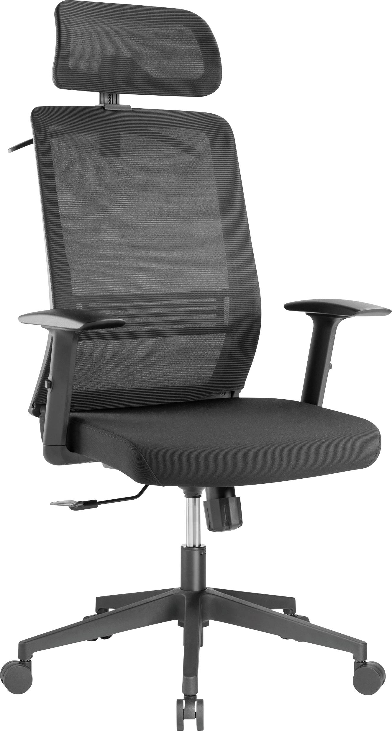 Bürostuhl mit schwarzem Netzrücken, verstellbarer Kopfstütze und Armlehnen. Geeignet für ergonomisches Sitzen am Schreibtisch.