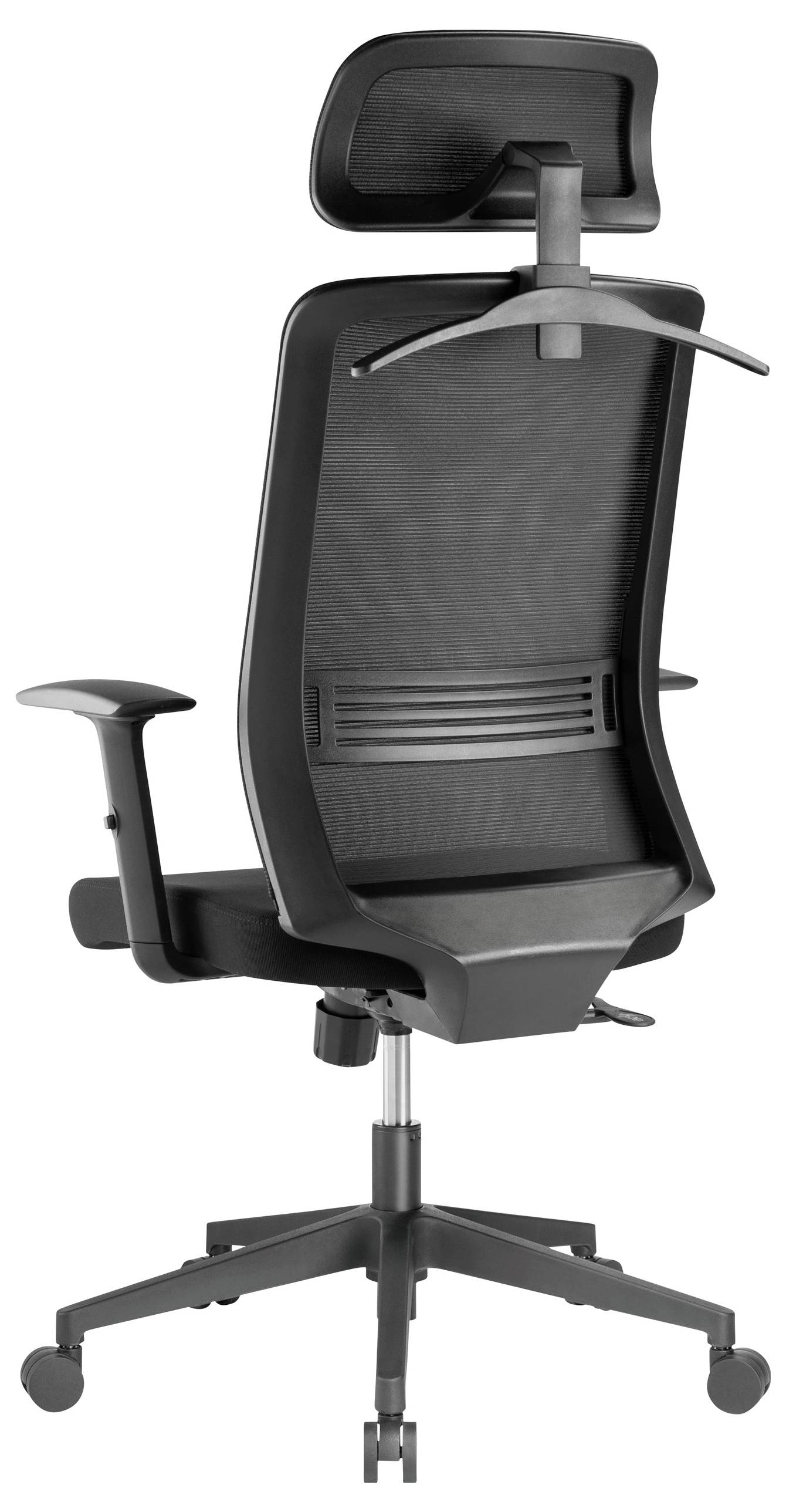 Ein moderner, schwarzer Bürostuhl mit ergonomischem Design, verstellbarer Rückenlehne und Kopfstütze, auf Rollen.