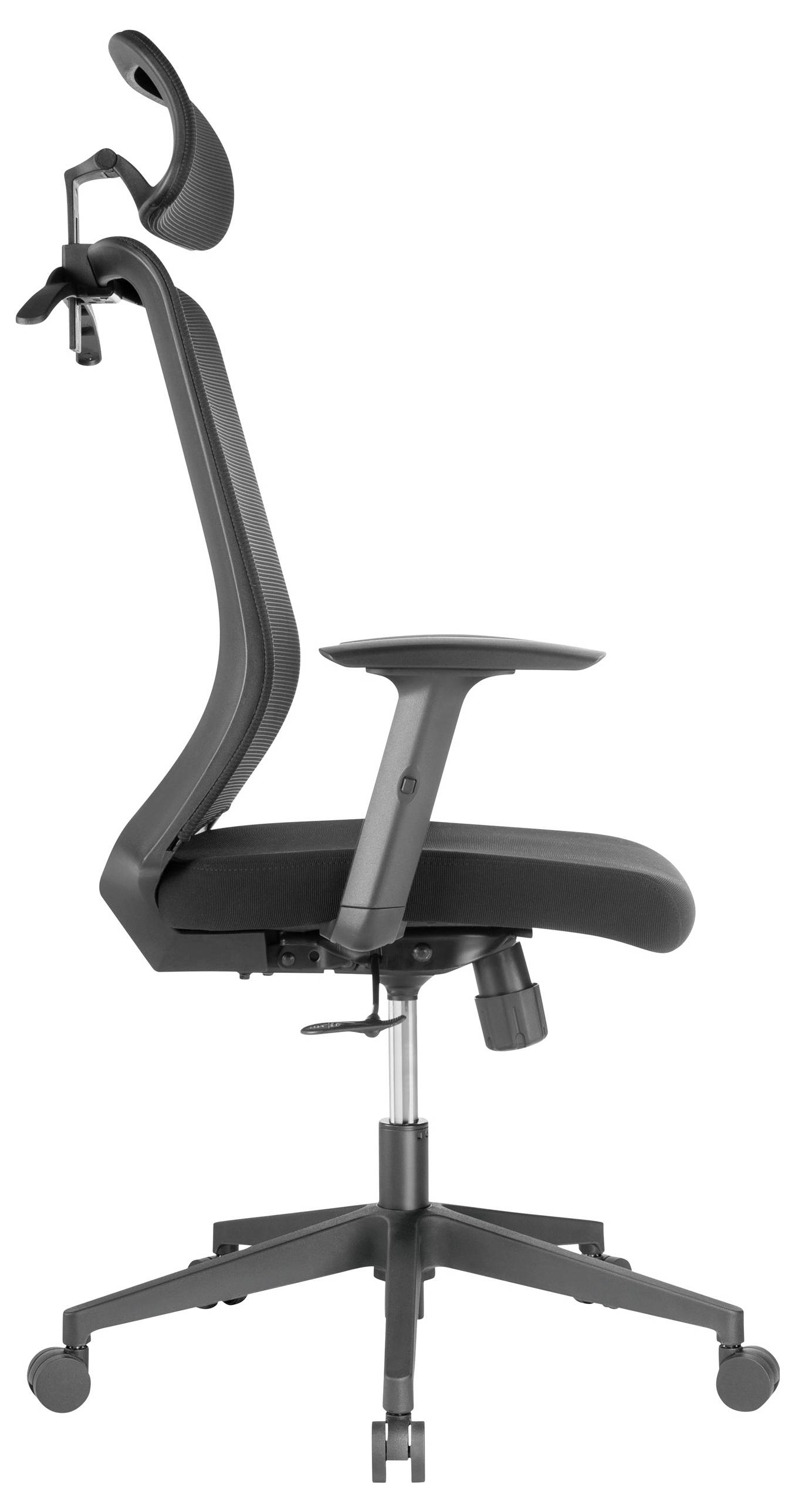 Ergonomischer Bürostuhl mit hoher Rückenlehne, verstellbarer Kopfstütze und Armlehnen, schwarzes Design, seitliche Ansicht.