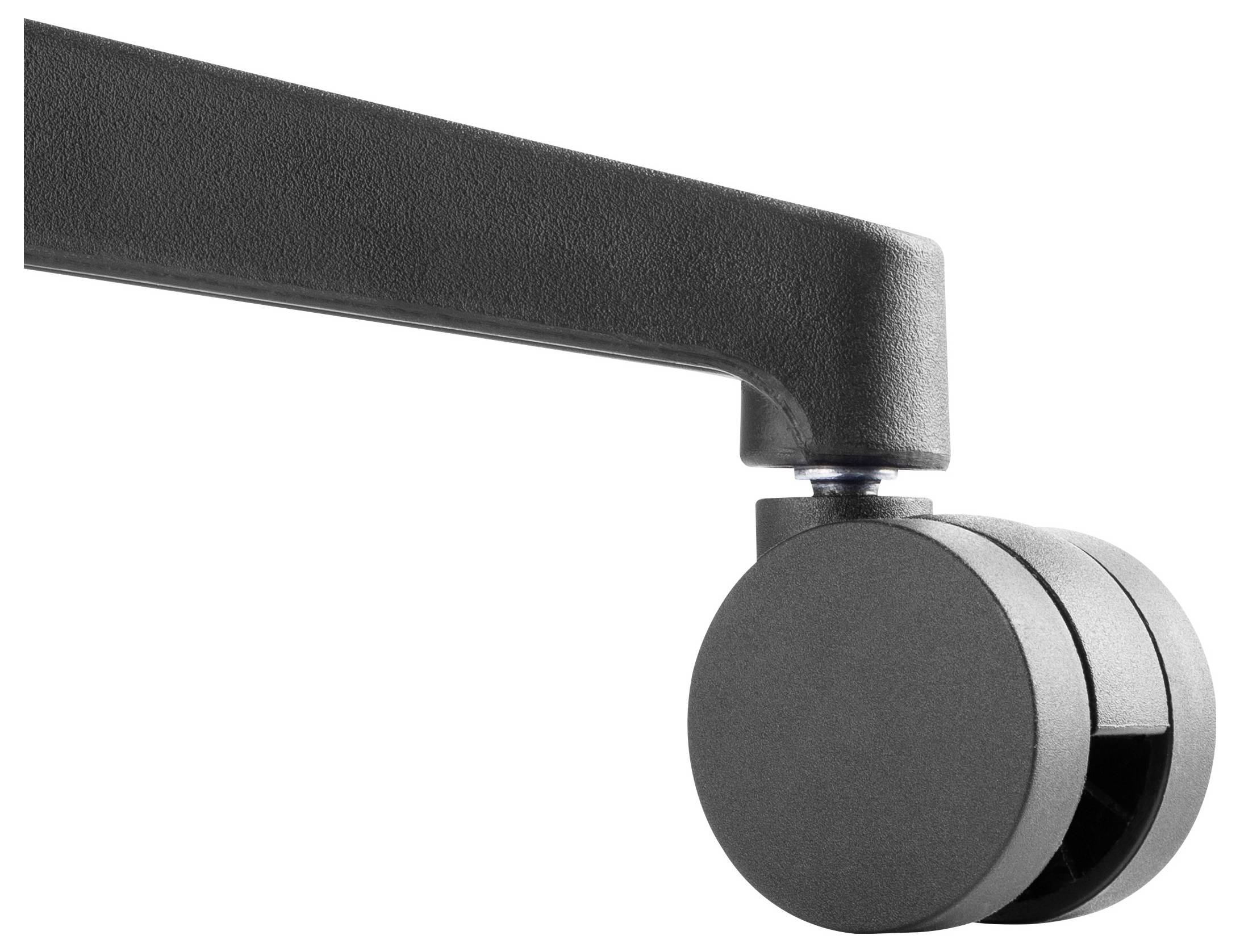 Schwarzes Stuhlrad aus Kunststoff, Nahaufnahme.