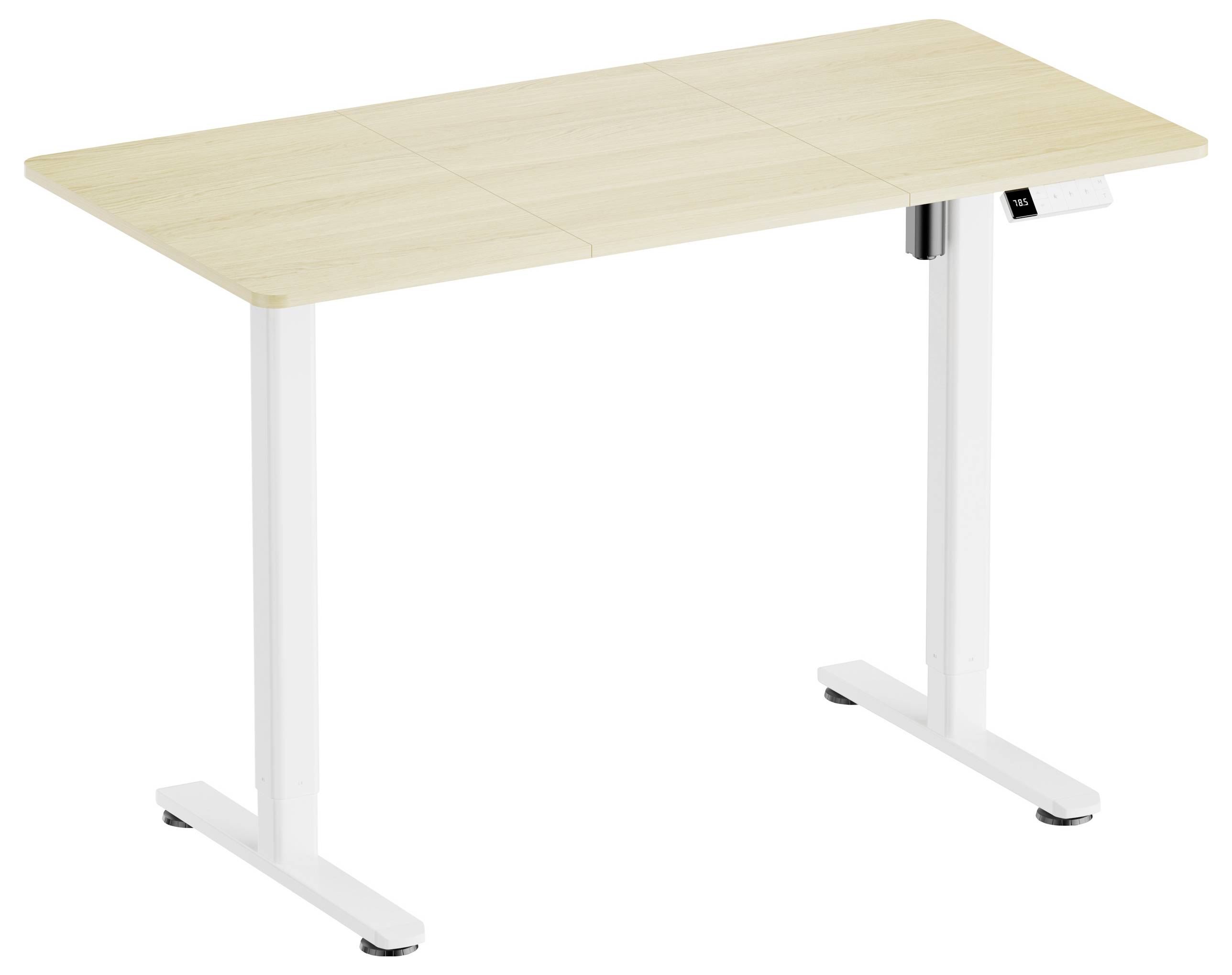 Ein höhenverstellbarer Schreibtisch mit hellem Holzfußboden und weißen Metallbeinen. Der Tisch hat ein Bedienfeld an der Seite.