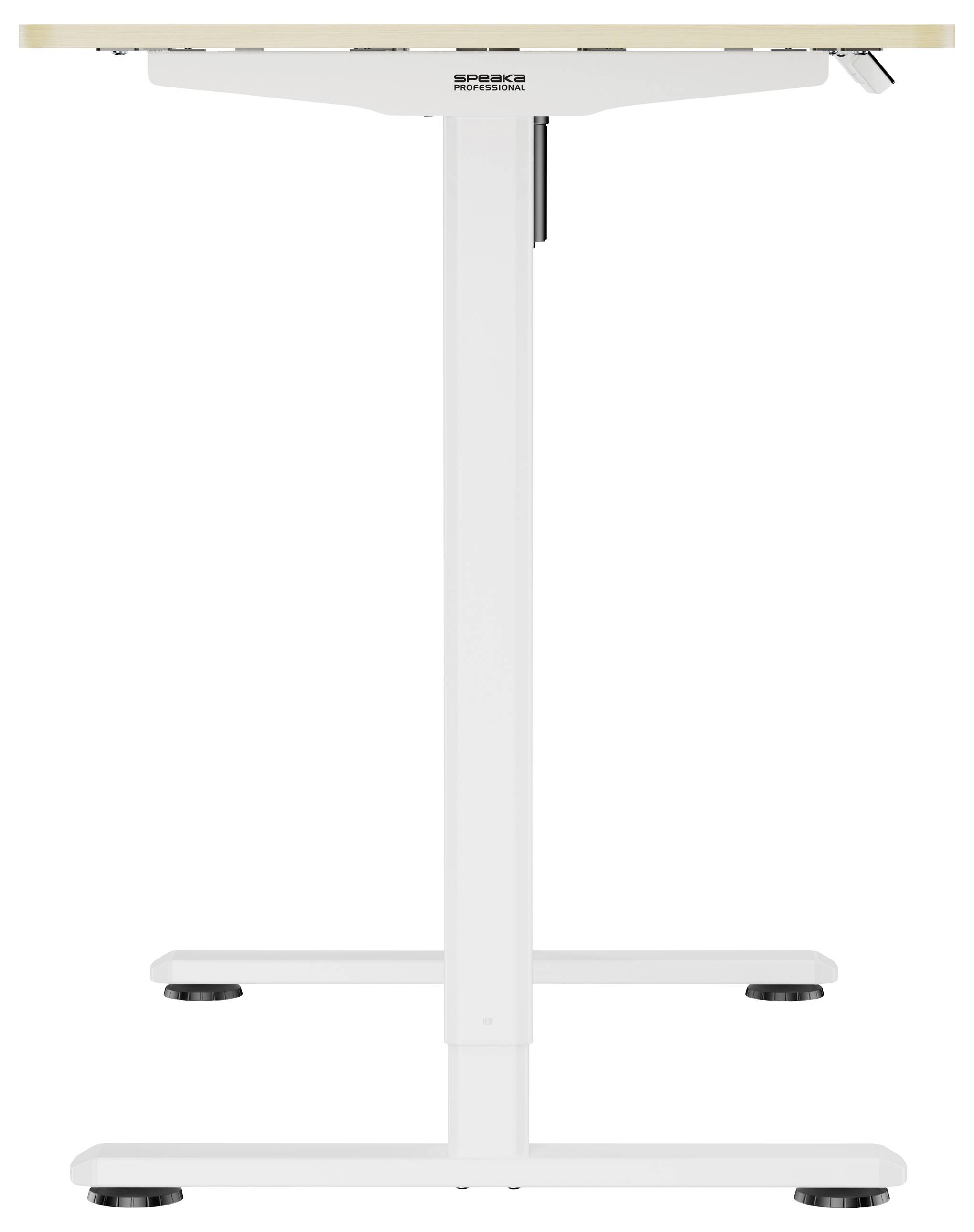 Ein höhenverstellbarer Schreibtisch mit weißem Gestell und heller Tischplatte; geeignet für ergonomisches Arbeiten im Stehen.