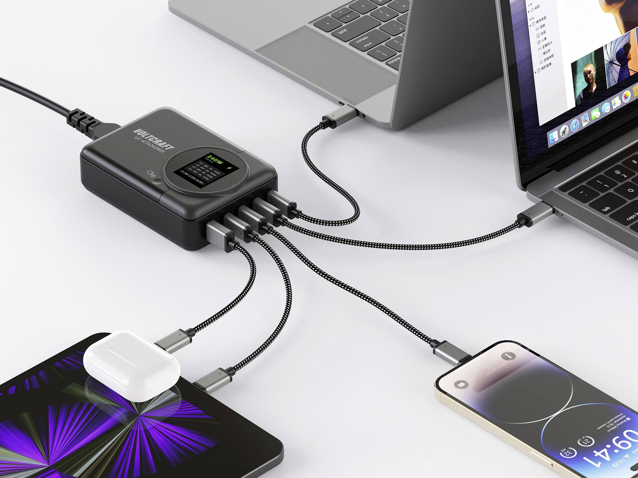 VOLTCRAFT UC-4C1A240W01 USB Ladegerät 240W 4x USB-C®, 1x USB-A USB PD 3.0 Schwarz GaN, USB Power Delivery (USB-PD)