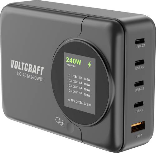 VOLTCRAFT UC-4C1A240W01 USB Ladegerät 240 W 4x USB-C®, 1x USB-A USB PD 3.0 Schwarz GaN, USB Power D