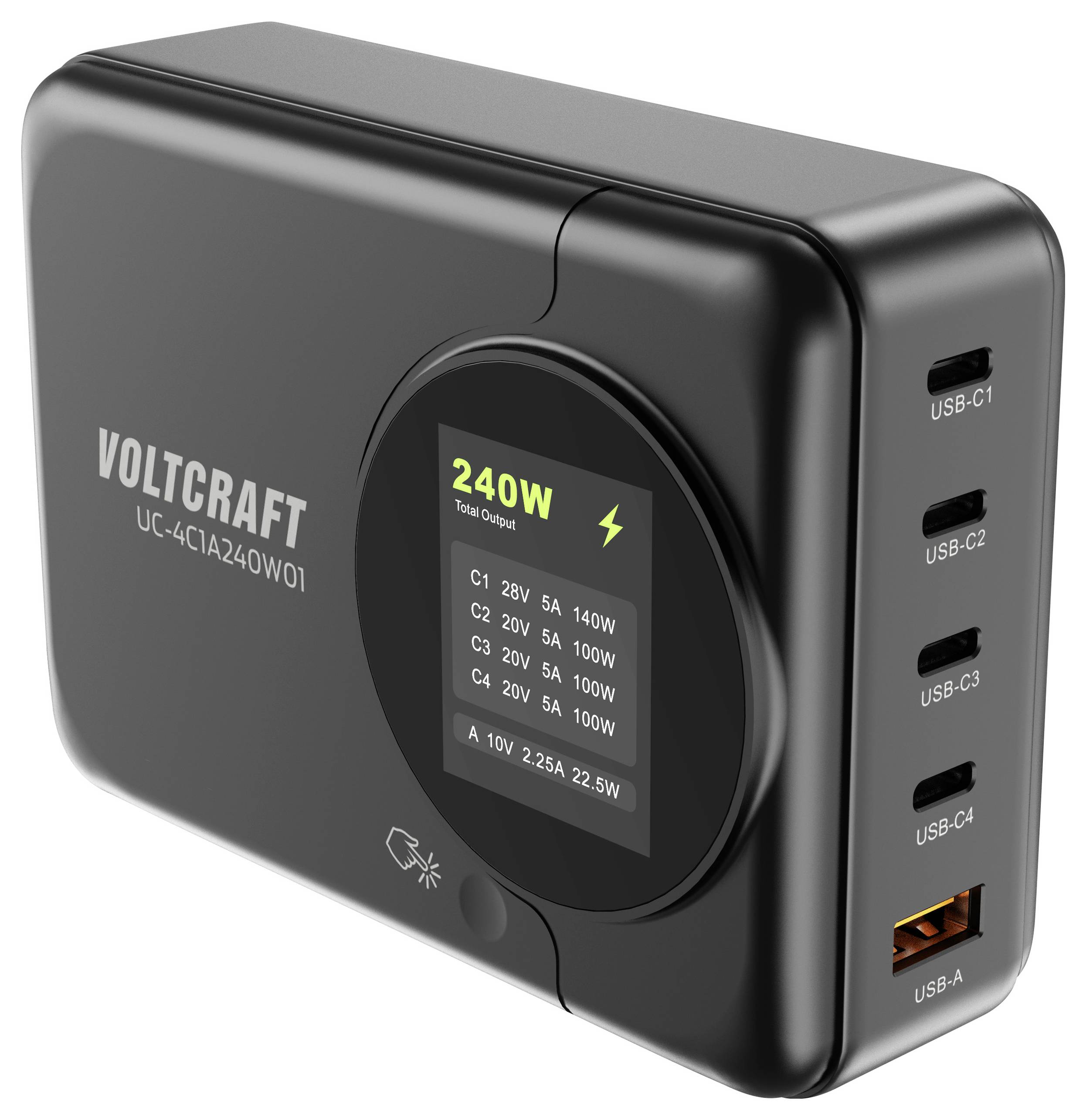 VOLTCRAFT UC-4C1A240W01 USB Ladegerät 240W 4x USB-C®, 1x USB-A USB PD 3.0 Schwarz GaN, USB Power Delivery (USB-PD)