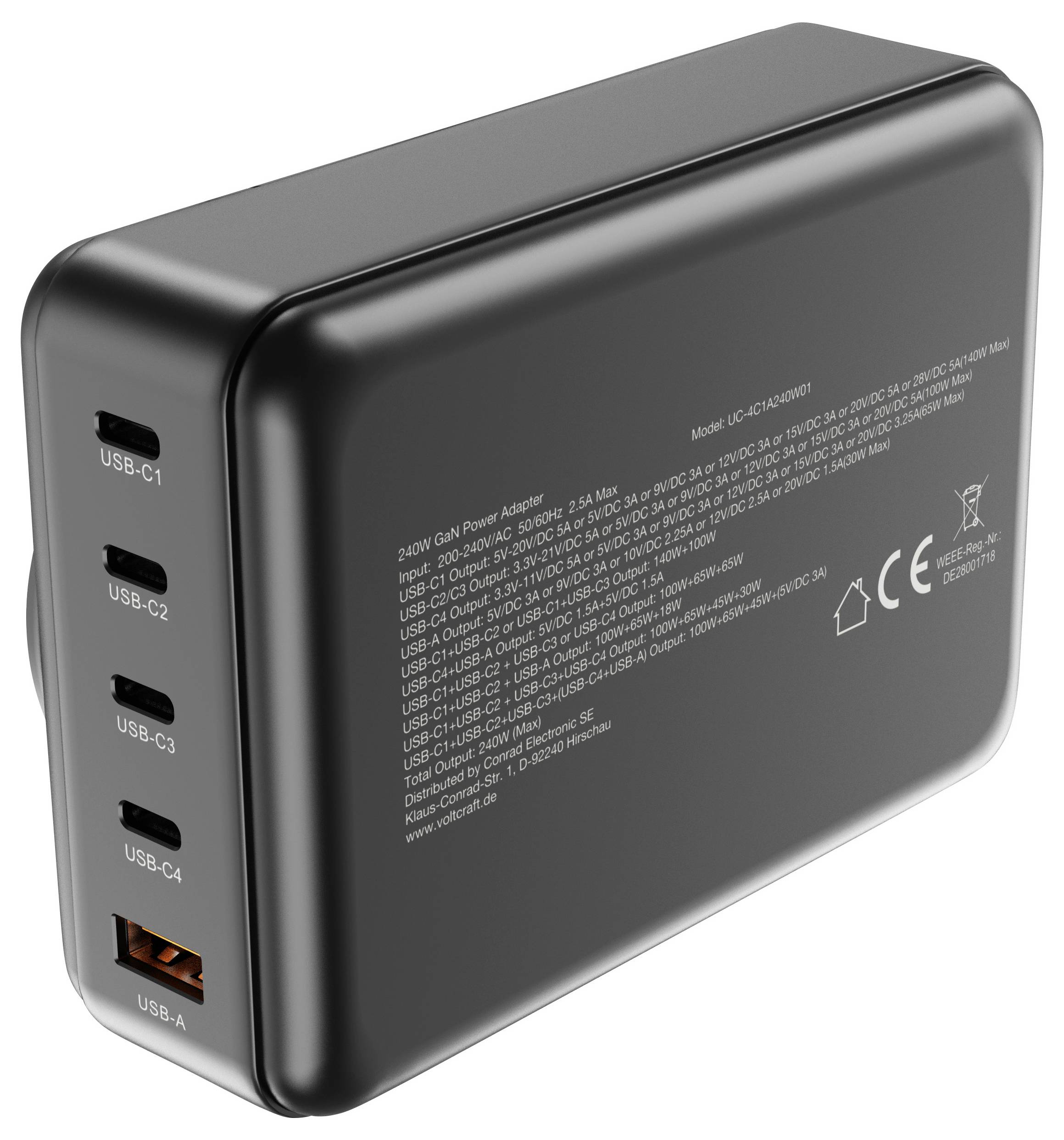 VOLTCRAFT UC-4C1A240W01 USB Ladegerät 240W 4x USB-C®, 1x USB-A USB PD 3.0 Schwarz GaN, USB Power Delivery (USB-PD)