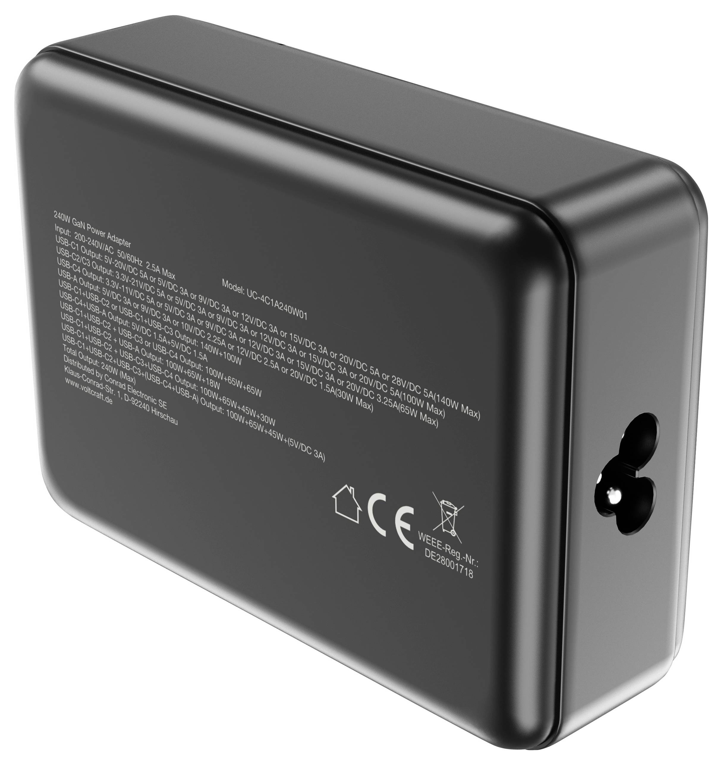 VOLTCRAFT UC-4C1A240W01 USB Ladegerät 240W 4x USB-C®, 1x USB-A USB PD 3.0 Schwarz GaN, USB Power Delivery (USB-PD)