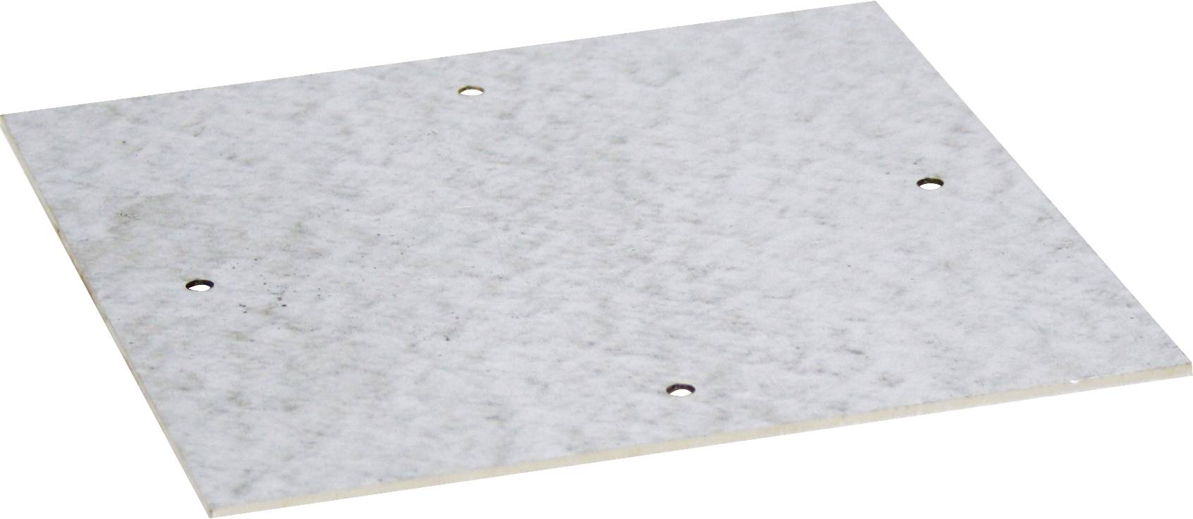 Graue rechteckige Platte mit sechs gleichmäßig verteilten Löchern, vermutlich zur Befestigung oder als Teil eines mechanischen Systems.