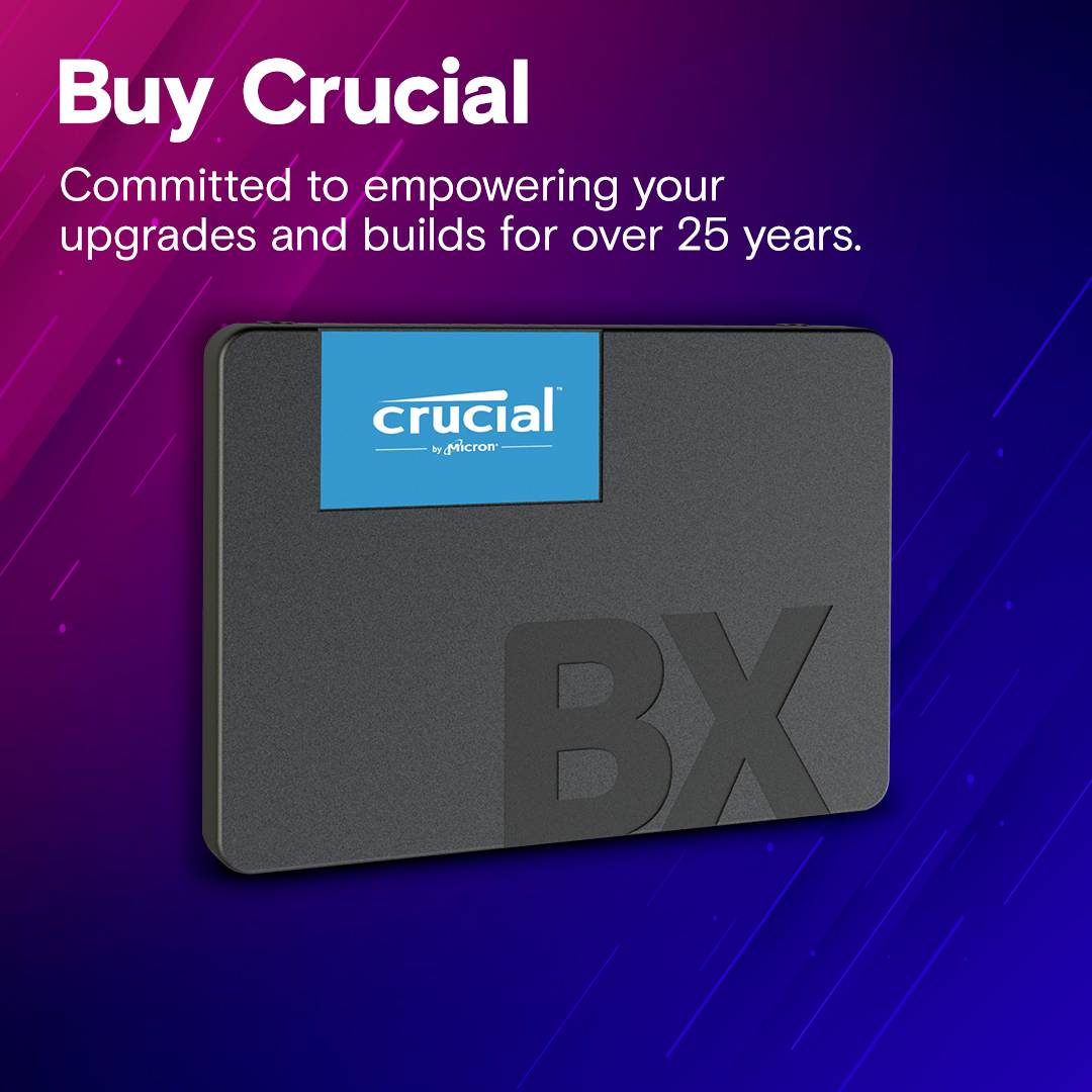 Eine schwarze SSD-Festplatte mit der Aufschrift 'BX' ist abgebildet. Text oben links: 'Buy Crucial. Committed to empowering your upgrades and builds for over 25 years.'