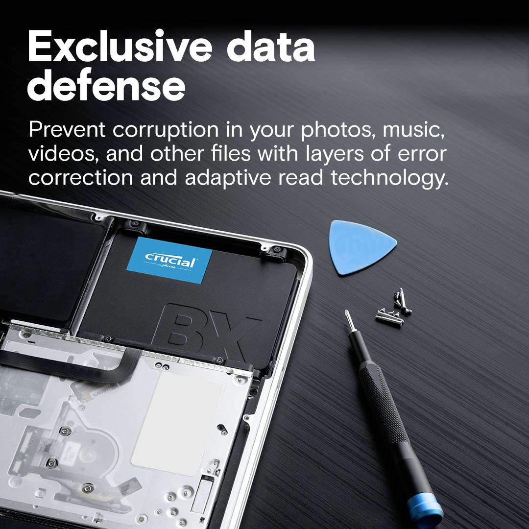 Externe Festplatte in einem zerlegten Zustand, umgeben von einem Plektrum, Schrauben und Schraubenzieher. Text: 'Exclusive data defense'.