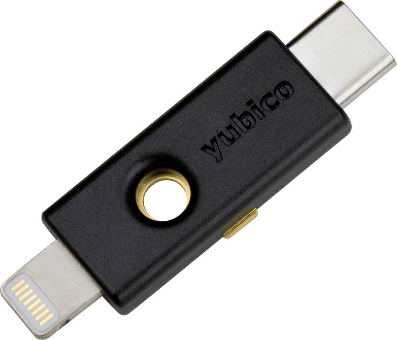 Ein schwarzer Sicherheitsschlüssel mit USB-C- und Lightning-Anschlüssen von Yubico, verwendet zur Zwei-Faktor-Authentifizierung.
