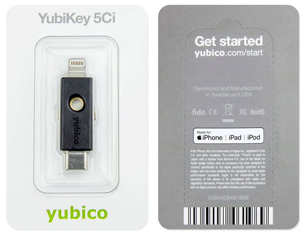 'YubiKey 5Ci' von Yubico für iPhone und iPad. Die Verpackung hat ein USB-C- und Lightning-Anschlussbild vorne, Hinweise hinten.