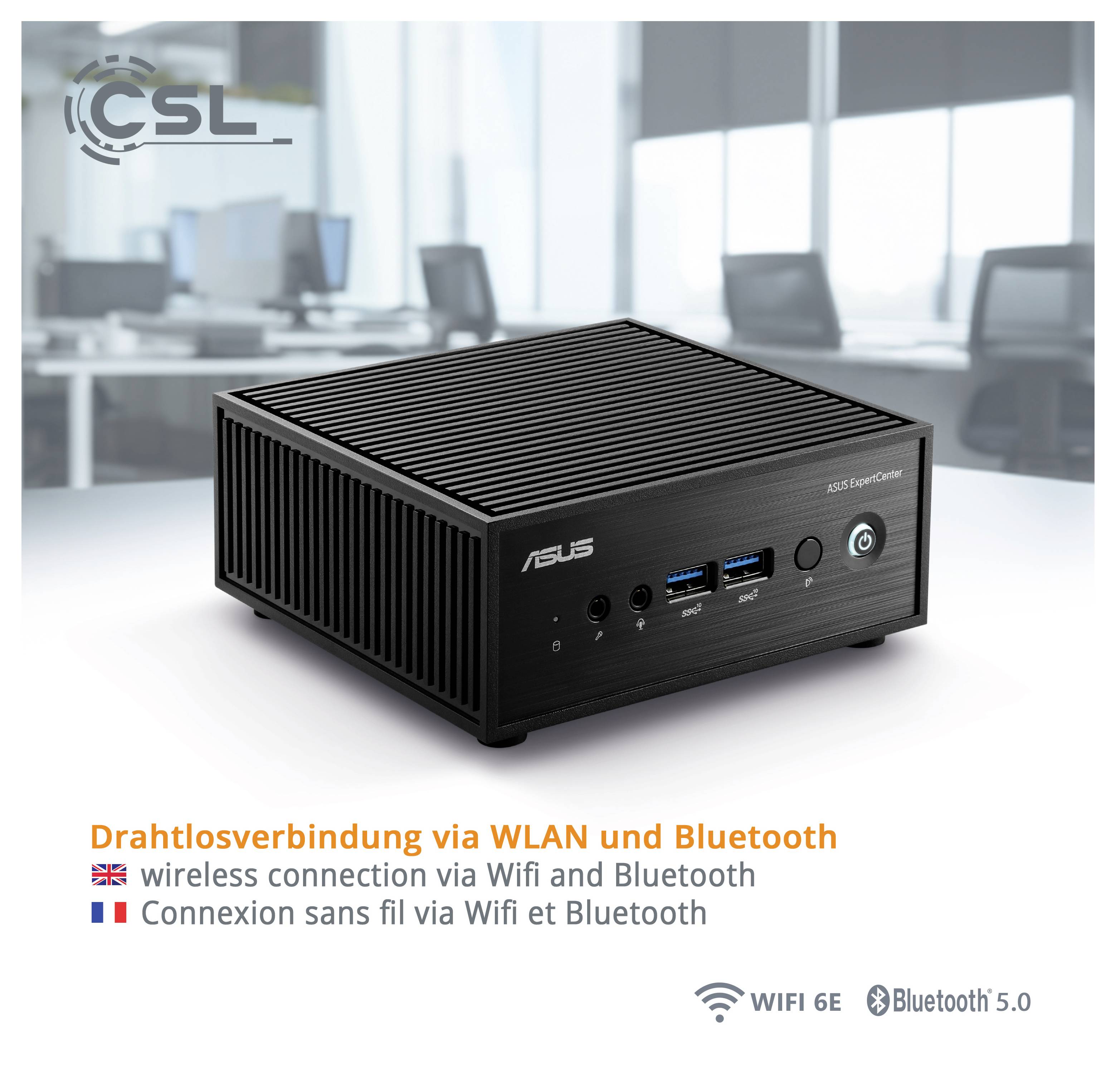Ein kompakter schwarzer Computer mit mehreren USB-Anschlüssen, beschriftet mit 'Drahtlosverbindung via WLAN und Bluetooth'. Bietet WiFi 6E und Bluetooth 5.0 Konnektivität.