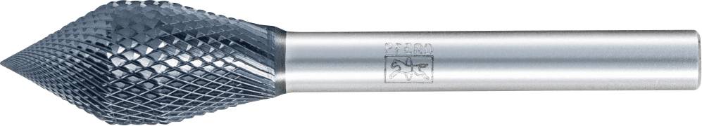 Metallfräser mit spitzem Kopf und kreuzverzahntem Design, verwendet für Präzisionsbearbeitung in der Metallverarbeitung.