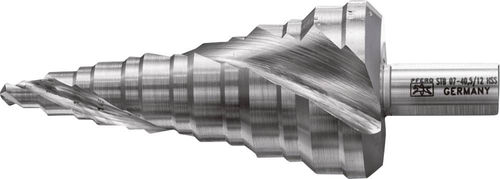 Stufenbohrer aus Metall mit konischer Spitze und mehreren Abstufungen für unterschiedliche Bohrdurchmesser.