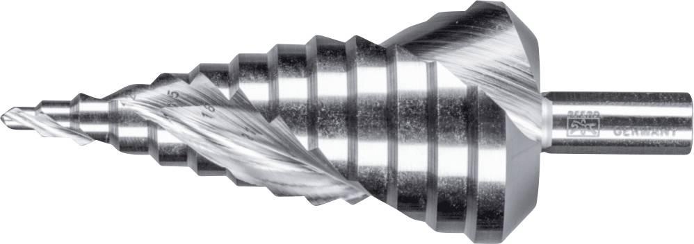 Stufenbohrer aus Metall, konische Form, mehrere Stufen für unterschiedliche Bohrdurchmesser, geeignet für präzises Bohren in Blech.