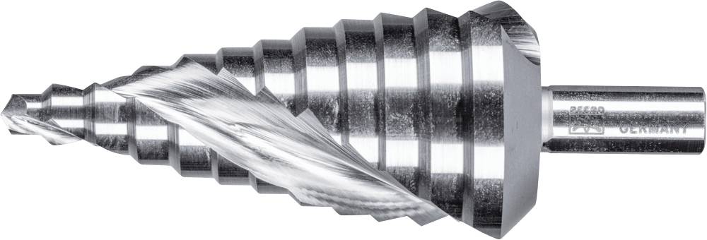 Stufenbohrer aus Metall mit spiralförmigen Schneidkanten und konischer Form, verwendet zum Bohren von Löchern unterschiedlicher Größe.