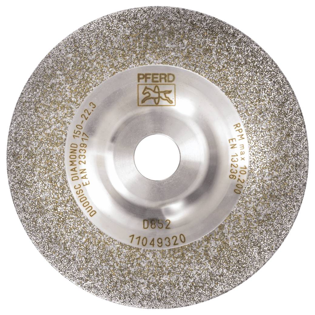 Eine runde Diamanttrennscheibe mit silbernen Glitzerkanten und der Aufschrift 'Pferd', Seriennummer D852. Geeignet für bis zu 10200 U/min.