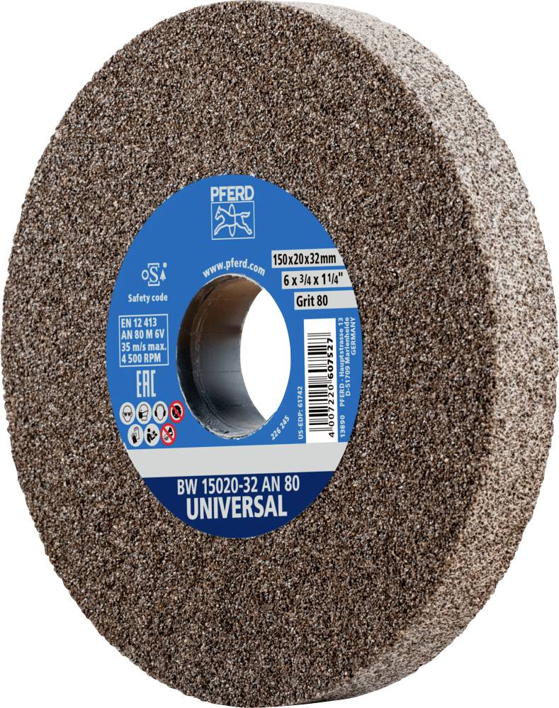 Schleifscheibe 'UNIVERSAL' mit Körnung 80, Durchmesser 150 mm. Geeignet für verschiedene Schleifanwendungen.