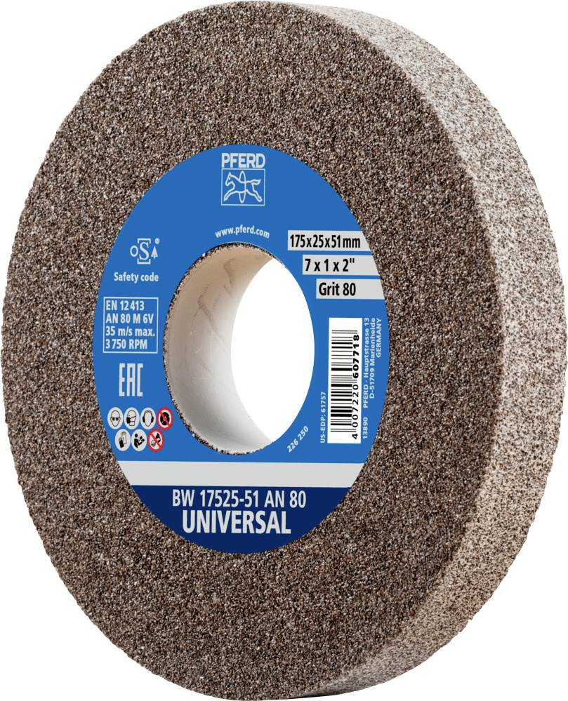 Schleifscheibe mit blauem Etikett. Maße: 175x25x51 mm. Körnung: 80. Maximale Drehzahl: 3750 U/min. Marke: PFERD.